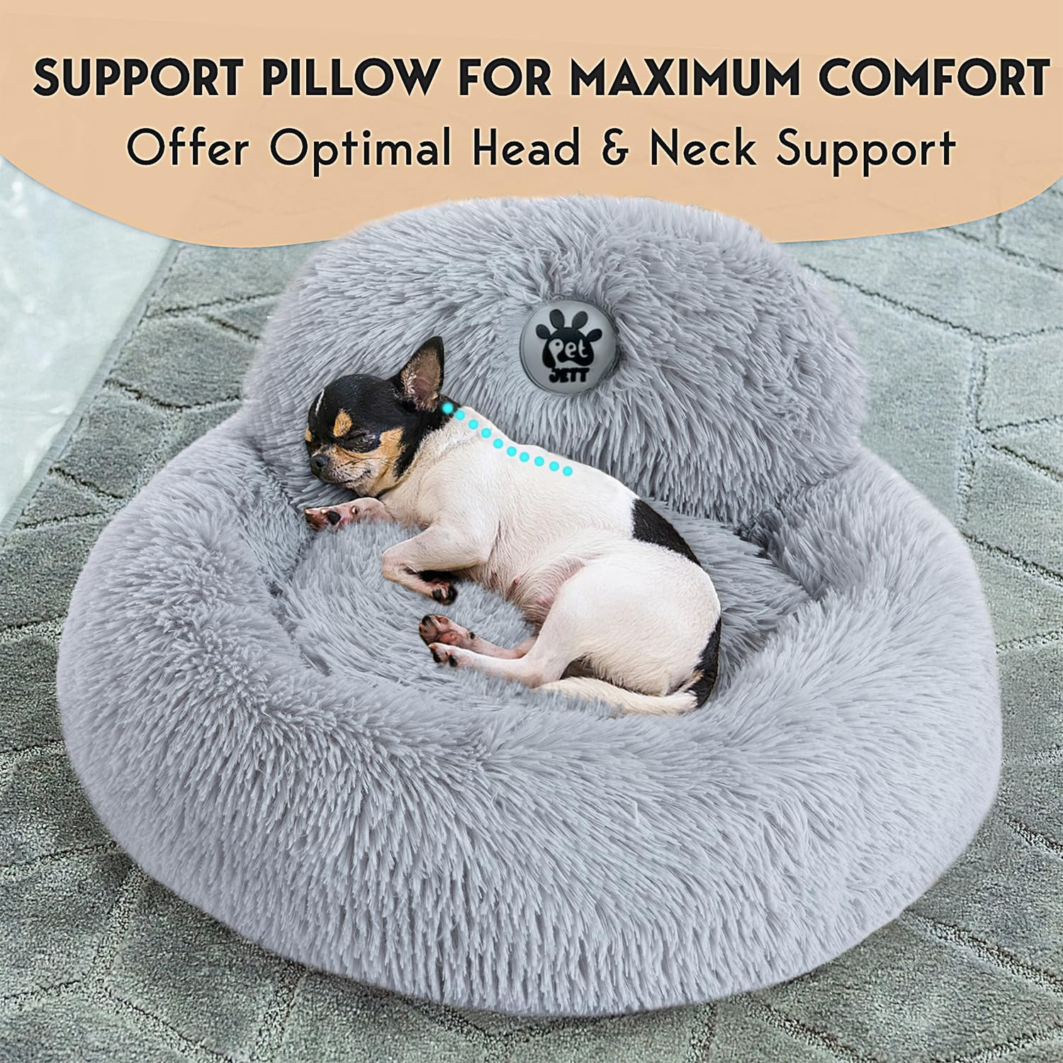 PetJett Calming Small Dog Bed - 23 Round Dog Beds, Anti-Slip & Washable Super Soft Fluffy Plush Faux Fur Pet Bed, Anti-Anxiety
