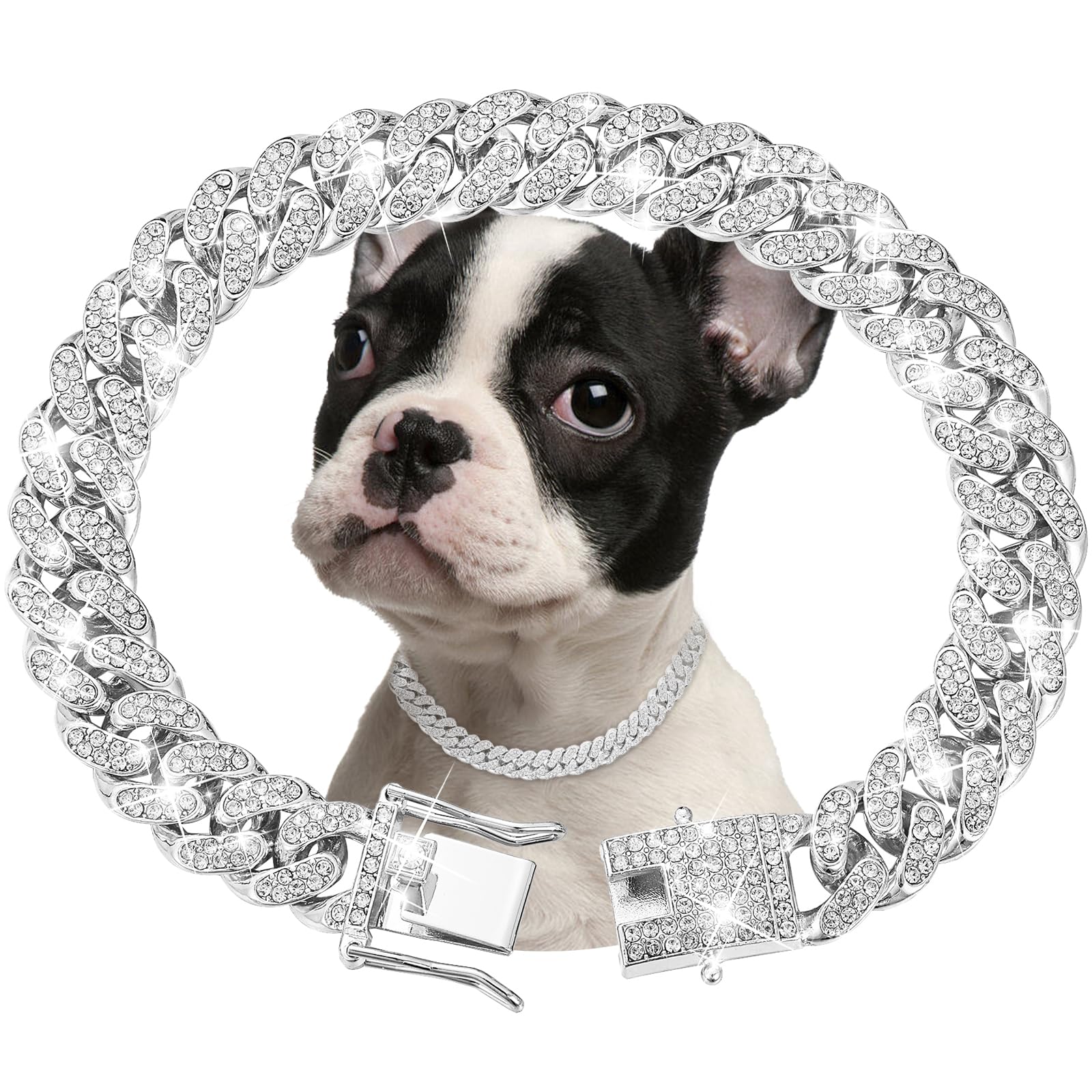 Silver Dog Chain Collar Diamond Cuban Link Dog Collar 13Mm Wide Dog Necklace Metal Cat Chain Pet Crystal Collar Jewelry Accessor