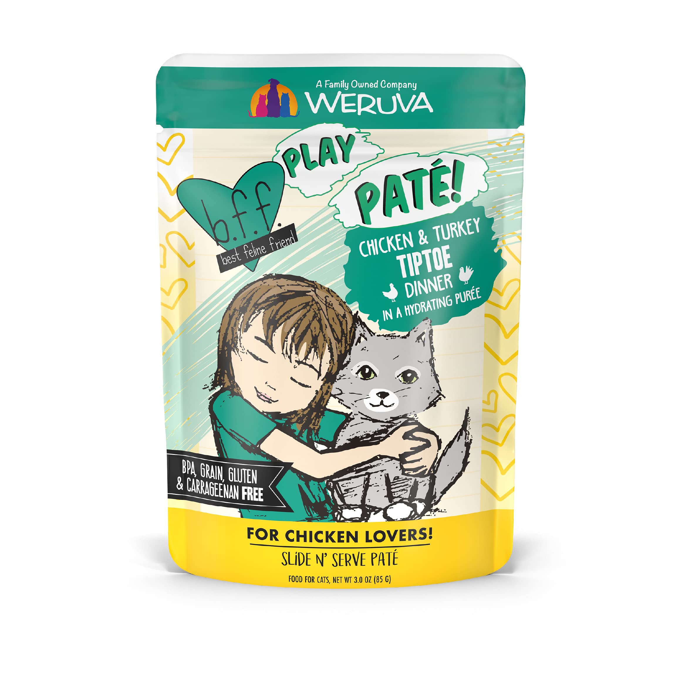B.F.F. PLAY - Best Feline Friend Pat   Lovers, Aw Yeah!, Chicken & Turkey Tiptoe with Chicken & Turkey, 3oz Pouch (Pack of 12)