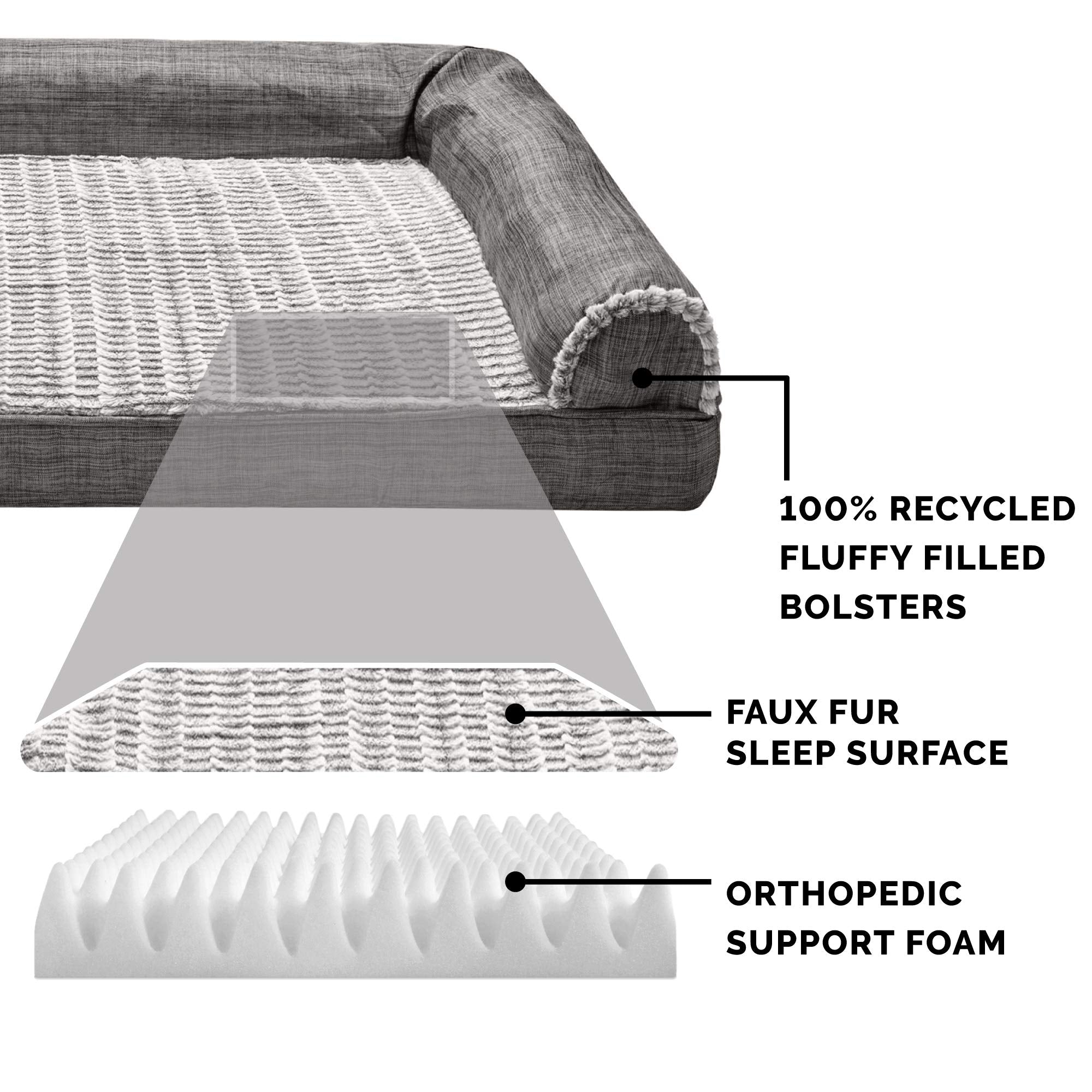 Furhaven Medium Orthopedic Dog Bed Luxe Faux Fur & Performance Linen Sofa-Style W/ Removable Washable Cover - Charcoal, Medium