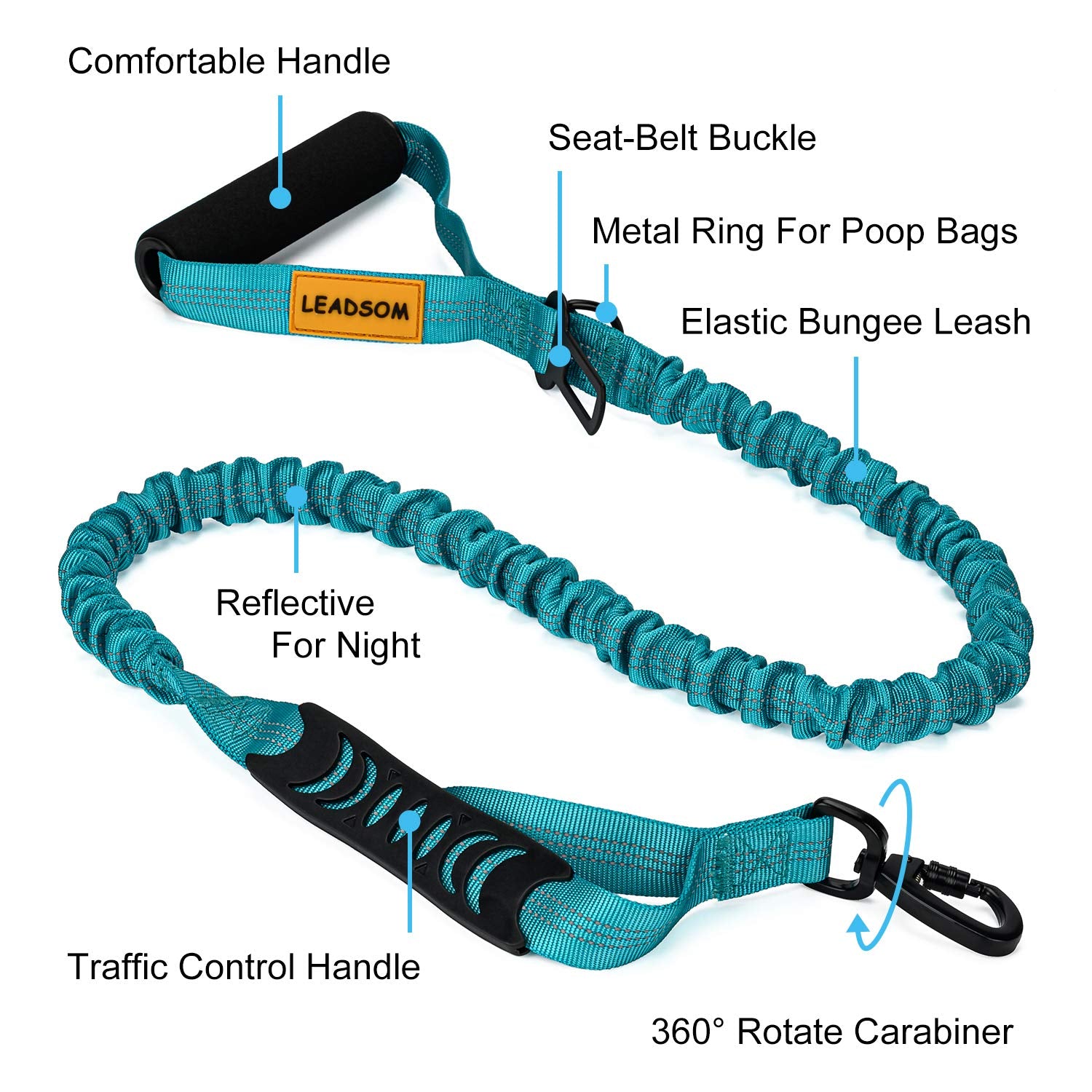 Leadsom 6Ft Highly Reflective Heavy Duty Elastic Bungee Medium And Large Dog Leash Shock Absorbing With Comfortable Padded Handl
