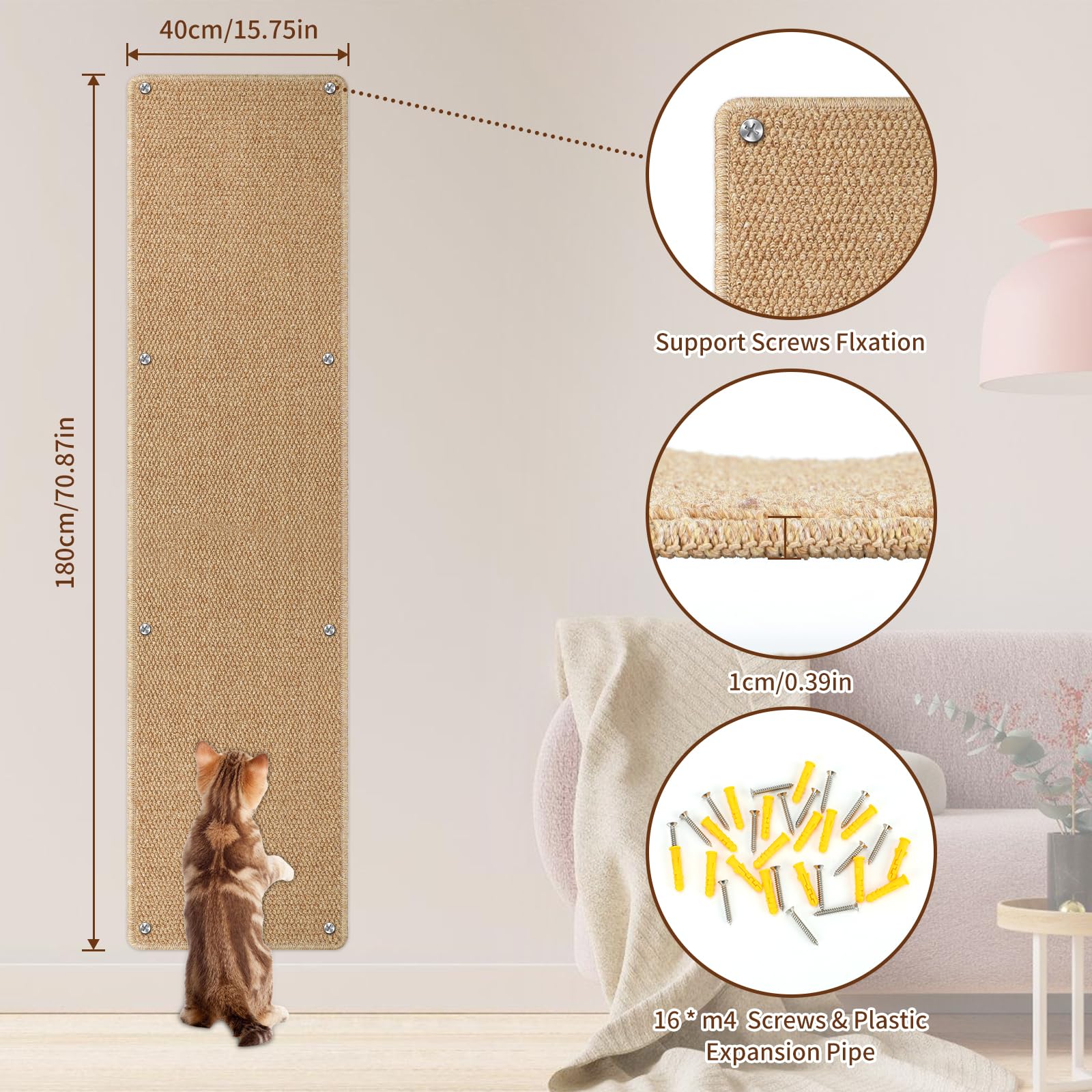 71'' X 15.8'' Thickened Cat Wall Climbing Carpet, Extra Large Cat Wall Scratcher Mat Tall Wall Mounted Climbing Cat Scratcher Wi