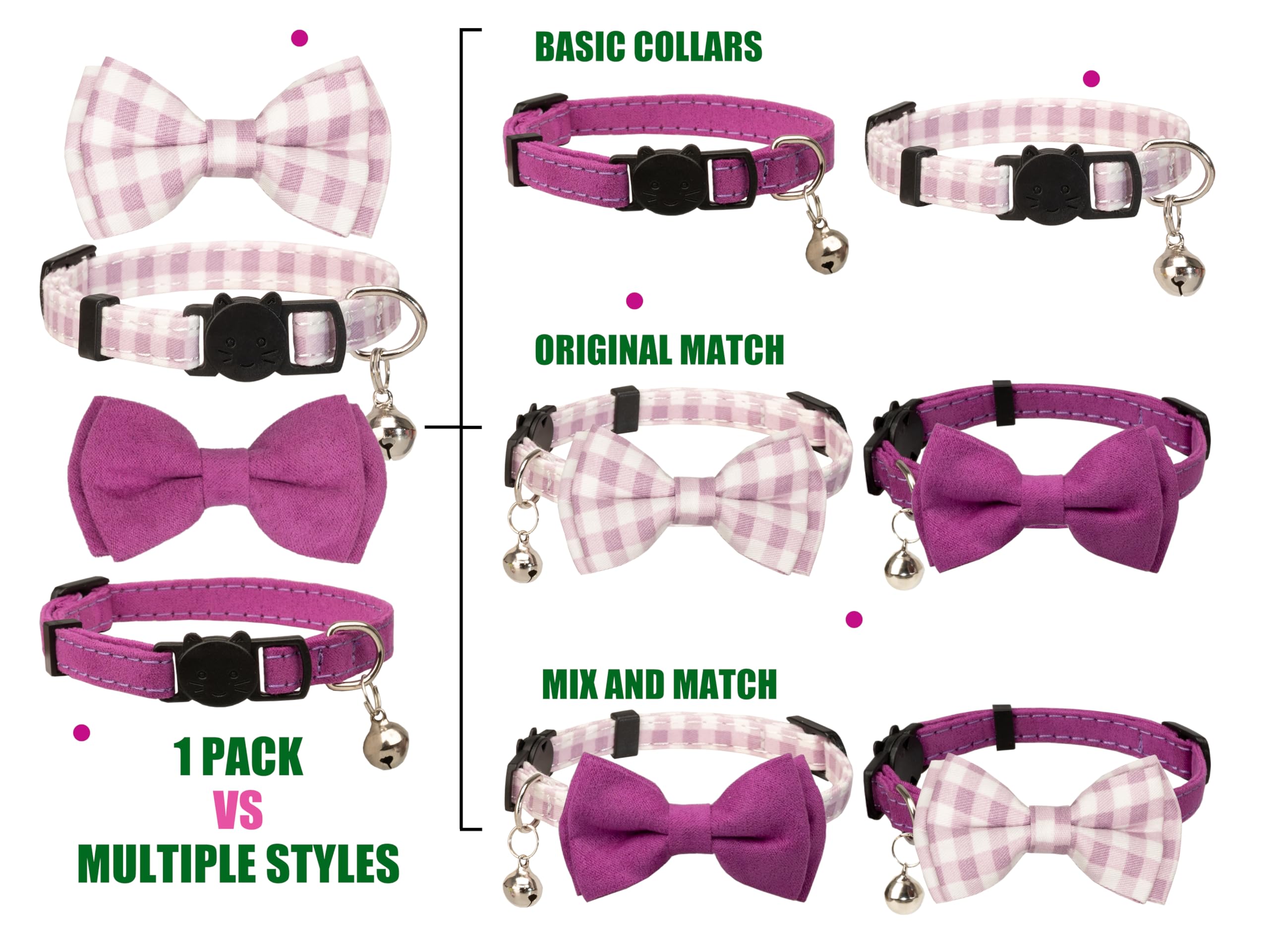 Gyapet Cat Collar Breakaway With Bell Boy Girl Kitten Bow Tie Safety Plaid Solid Color Set Cute Soft Summer [2Pcs] Purple