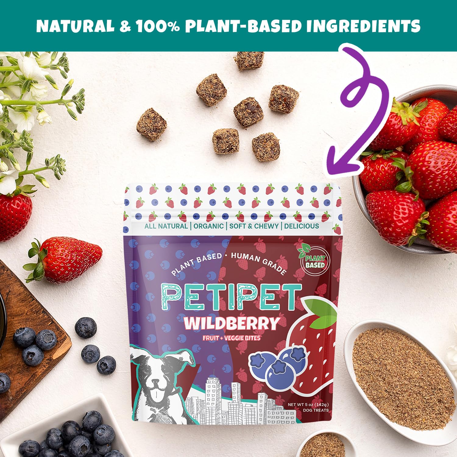 PETIPET Wildberry Plant-Based Fruit Dog Treats - Strawberry, Apple, Blueberry Soft & Chewy - Vegetarian, Vegan Dog Treats with O