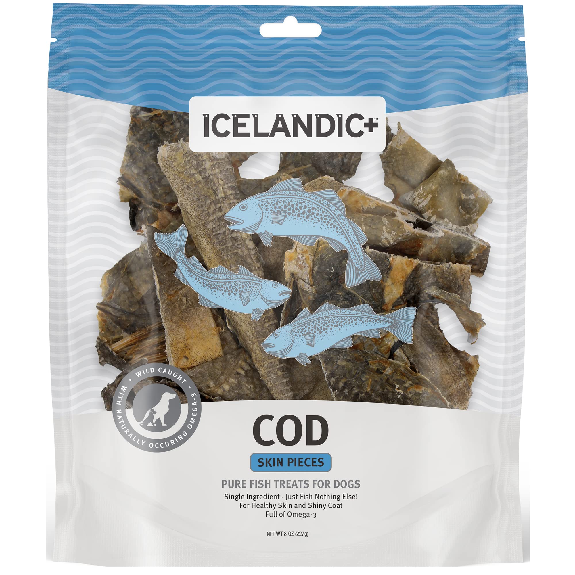 Icelandic+ Cod Skin Pieces - 8oz Bag - Pure Fish Dog Treats, Wild- Caught & Air-Dried, Single Ingredient Snacks, Pet Chews, Just