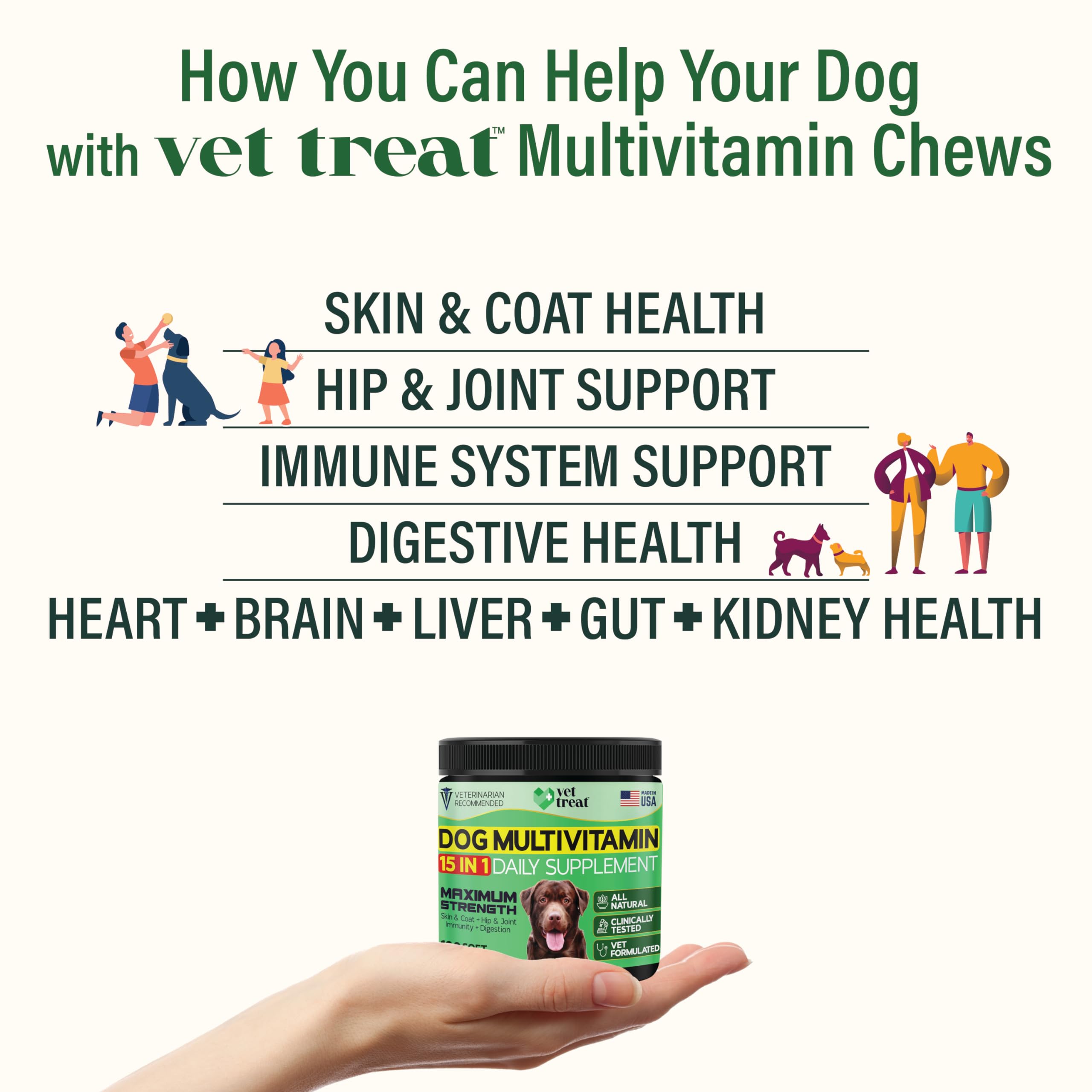 Dog Multivitamin Chewable with Glucosamine & Salmon Oil - Made in USA - Puppy & Senior Supplement - 120 Chews - Daily Wellness S