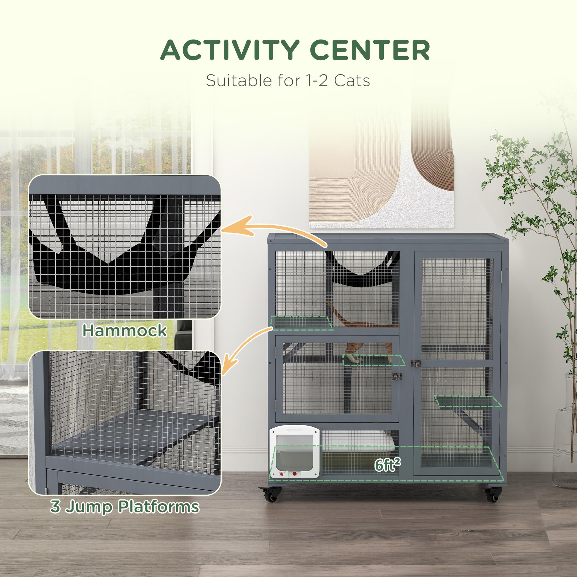 Pawhut Indoor Wooden Catio, Cat House Cat Enclosure On Wheels With 3 Platforms, Hammock, Cat Flap Door & Openable Top, Luxury Ki