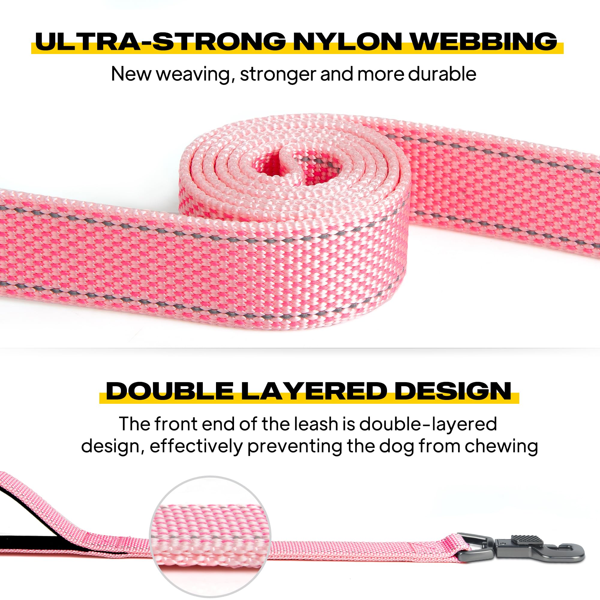 Fida 5 Ft Heavy Duty Dog Leash With 2 Comfortable Padded Handles, Traffic Handle & Advanced Easy Snap Hook, Reflective Walking Lead For Large, Medium & Small Breed Dogs, Pink