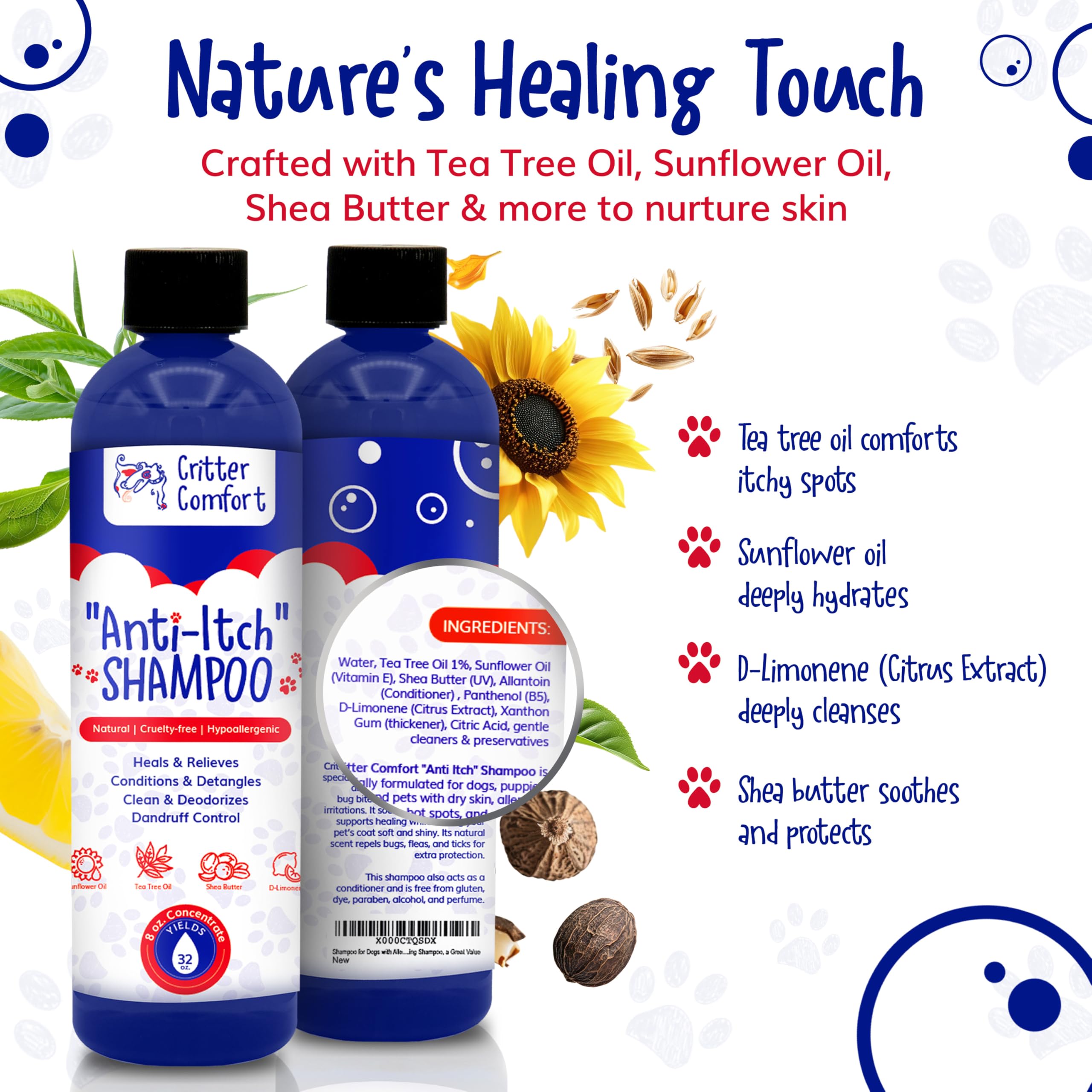 Natural Dog Shampoo For Dry Itchy Sensitive Skin- Allergy Relief Formula. Dog Bath For Smelly Dogs With Tea Tree Oil That Soothe