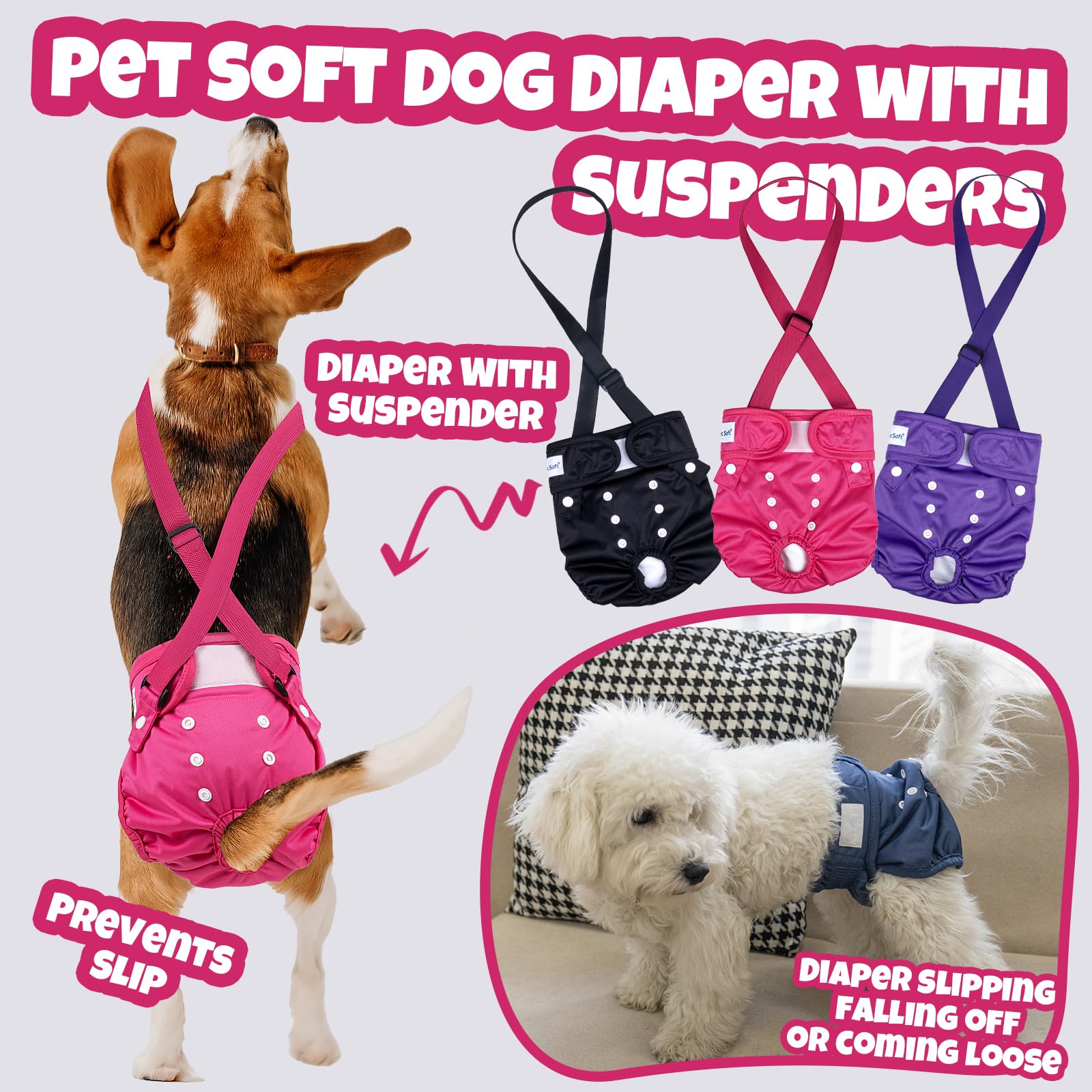 Pet Soft Washable Female Dog Diapers With Adjustable Suspenders (3 Pack) Escape-Proof & Super Absorb Reusable Diapers For Heat,