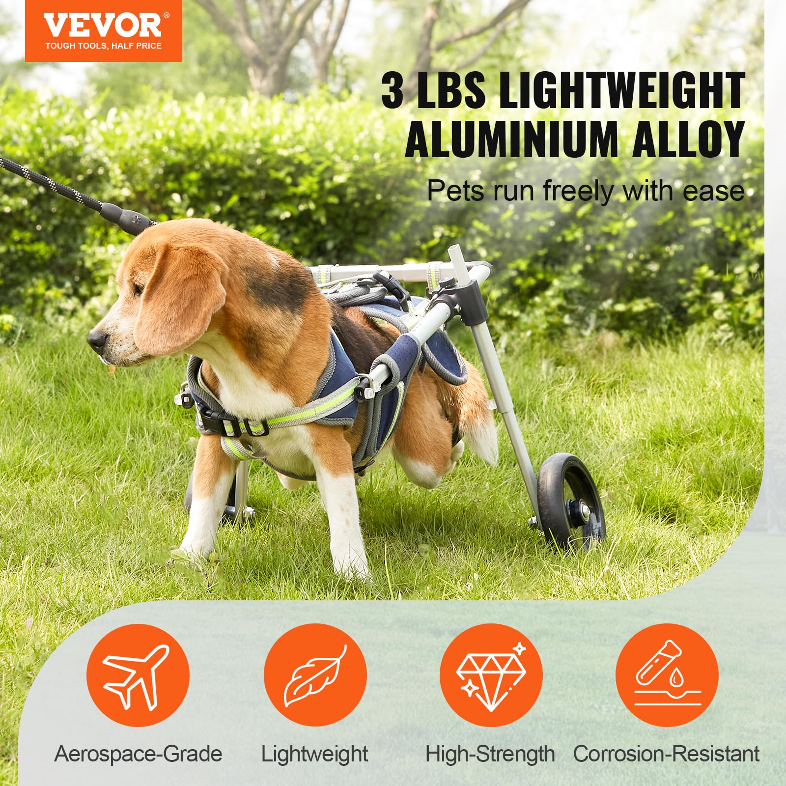 VEVOR Dog Wheelchair for Back Legs, Pet Wheelchair Lightweight & Adjustable Assisting in Healing, Dog Cart with 2 Wheels for Inj