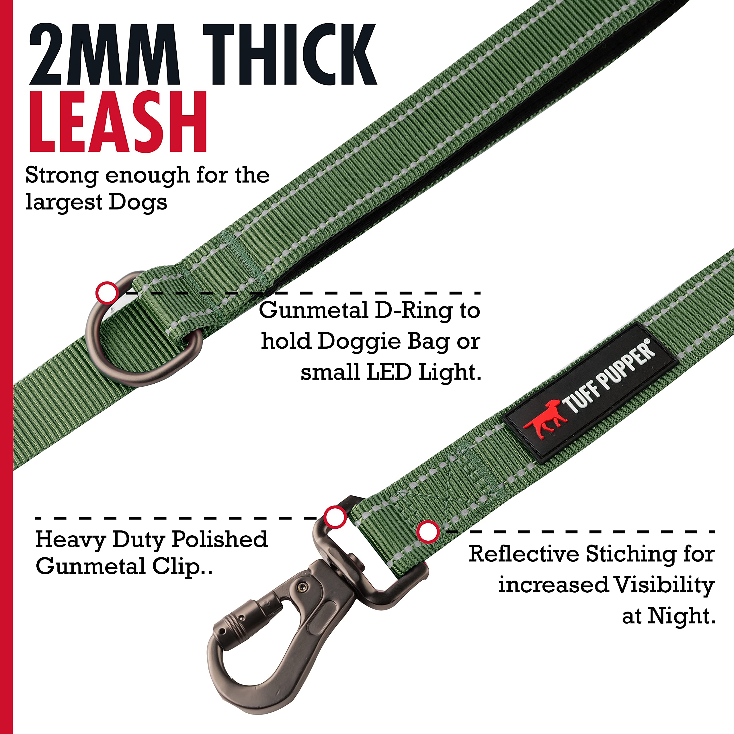 Tuff Pupper Heavy Duty Double Handle Leash With Twist Lock Carabiner Clip | Safety Lock For Strong Dogs | Reflective For Night W