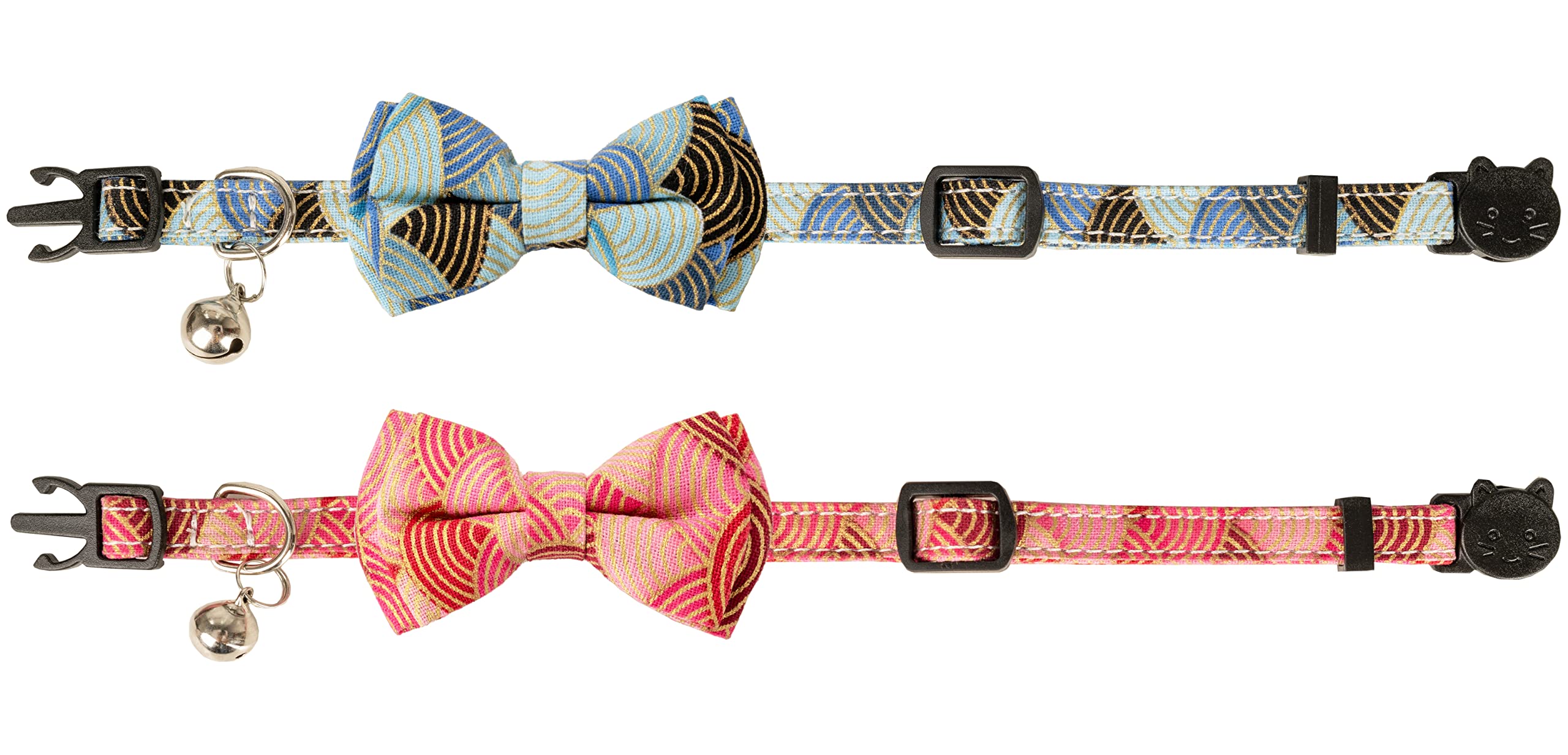 Gyapet Collar For Cat Pet Breakaway With Bell Bowtie Detachable Bow Adjustable Safety Kitten Puppy Girl Boy 2Pcs Kimono-Blue & P