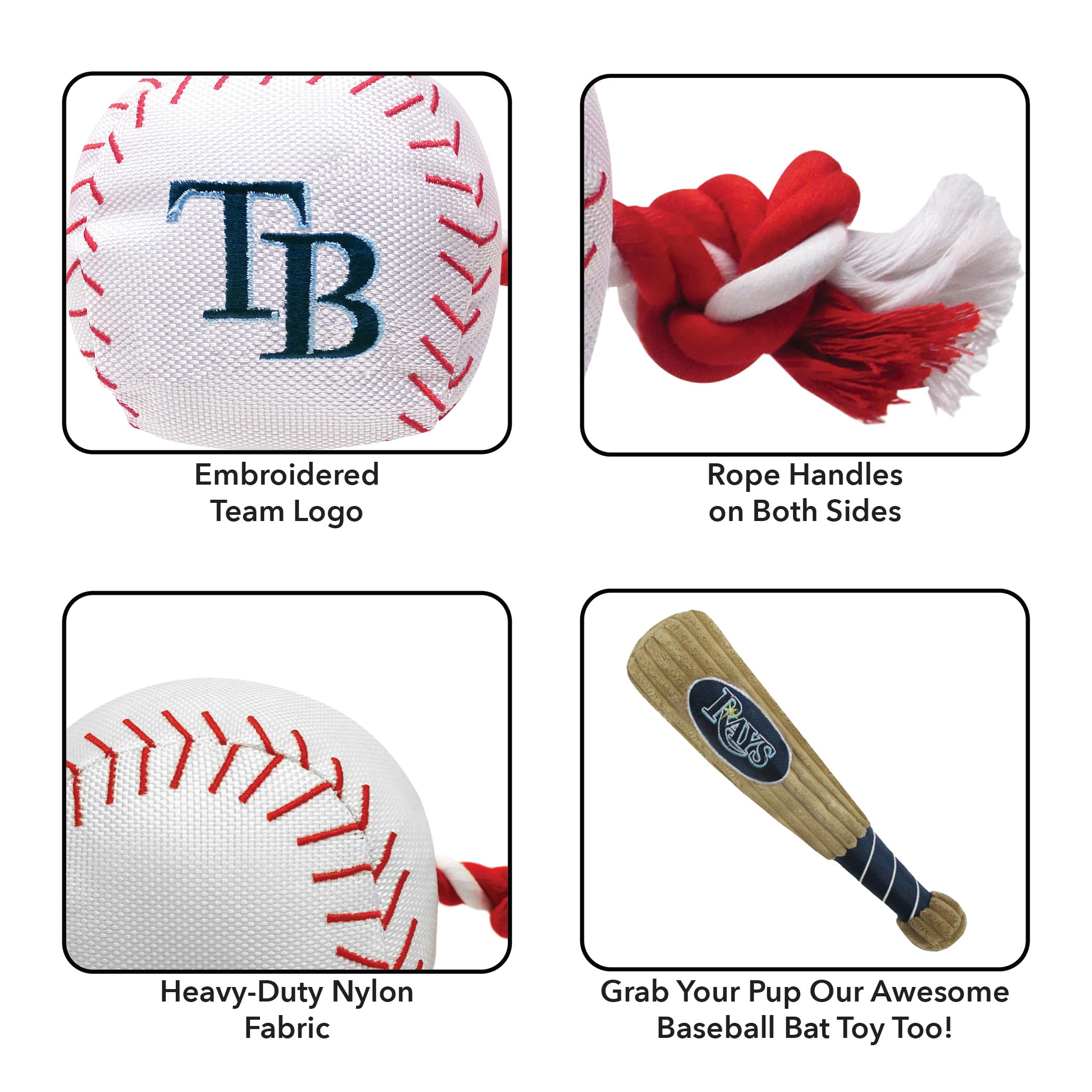 Mlb Tampa Bay Rays Baseball Rope Toy For Dogs & Cats. Tough Nylon, Sporty Baseball Design, Heavy-Duty Ropes With Inner Squeaker