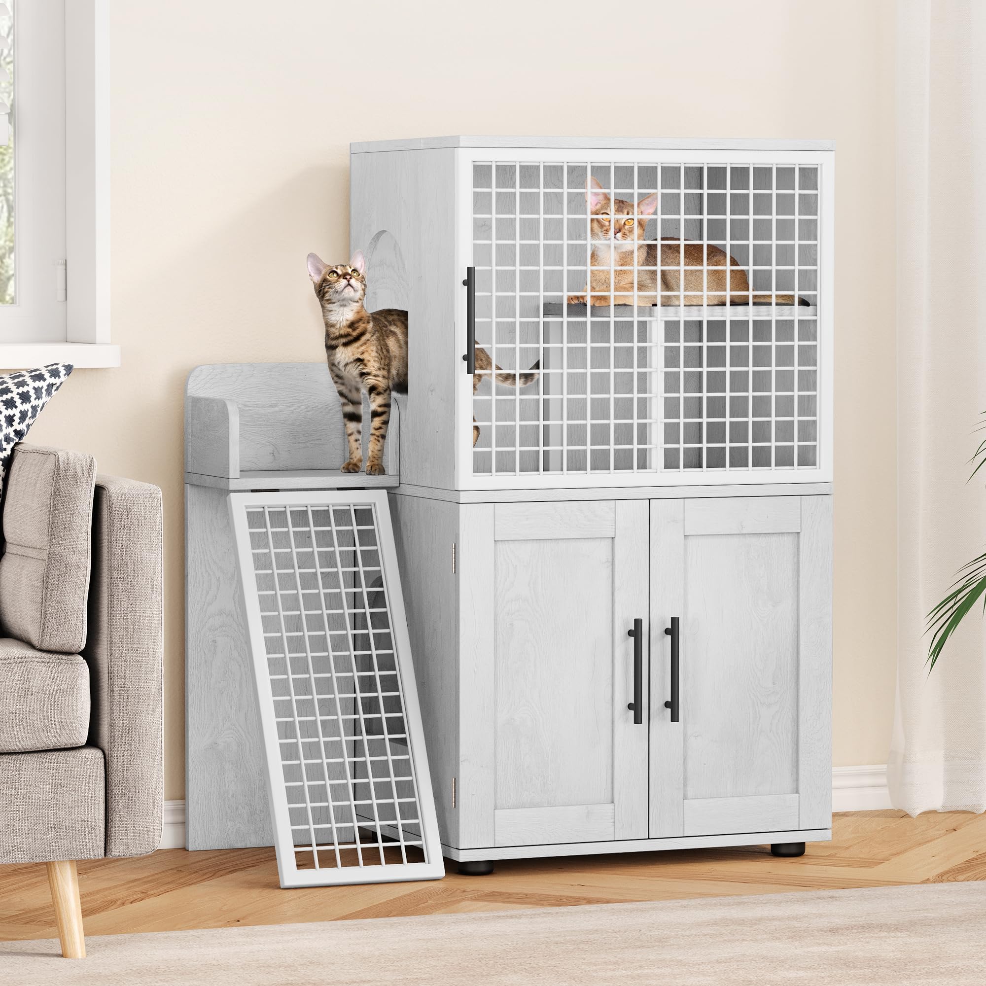 Cat Litter Box Enclosure Furniture with Double Layer Design, Hidden Litter Box & Lounge Villa for Indoor Cats - Includes Ladder,