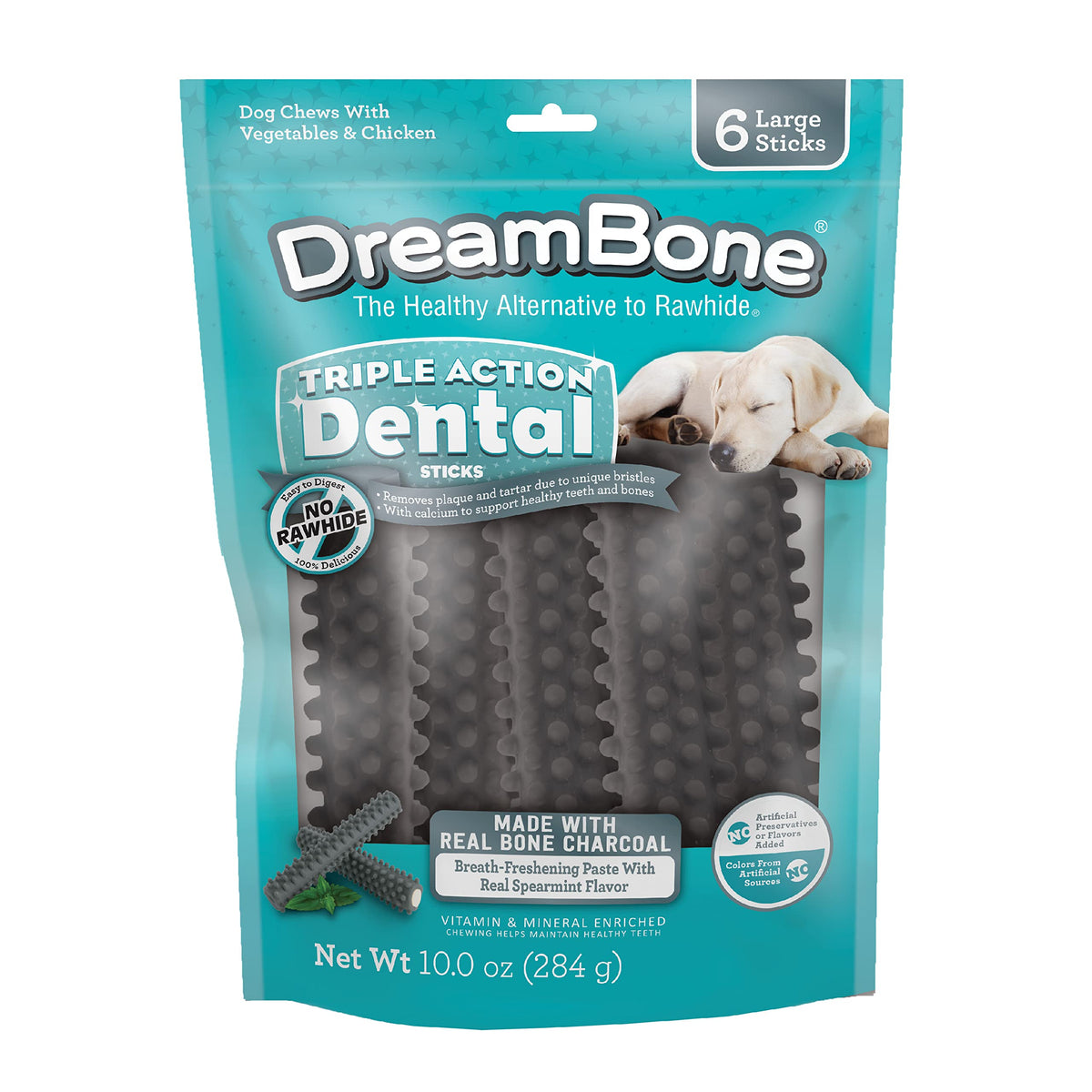 Dreambone Triple Action Dental Sticks Charcoal, 6 Count, Rawhide-Free Chews For Large And Xl Sized Dogs Freshens Breath