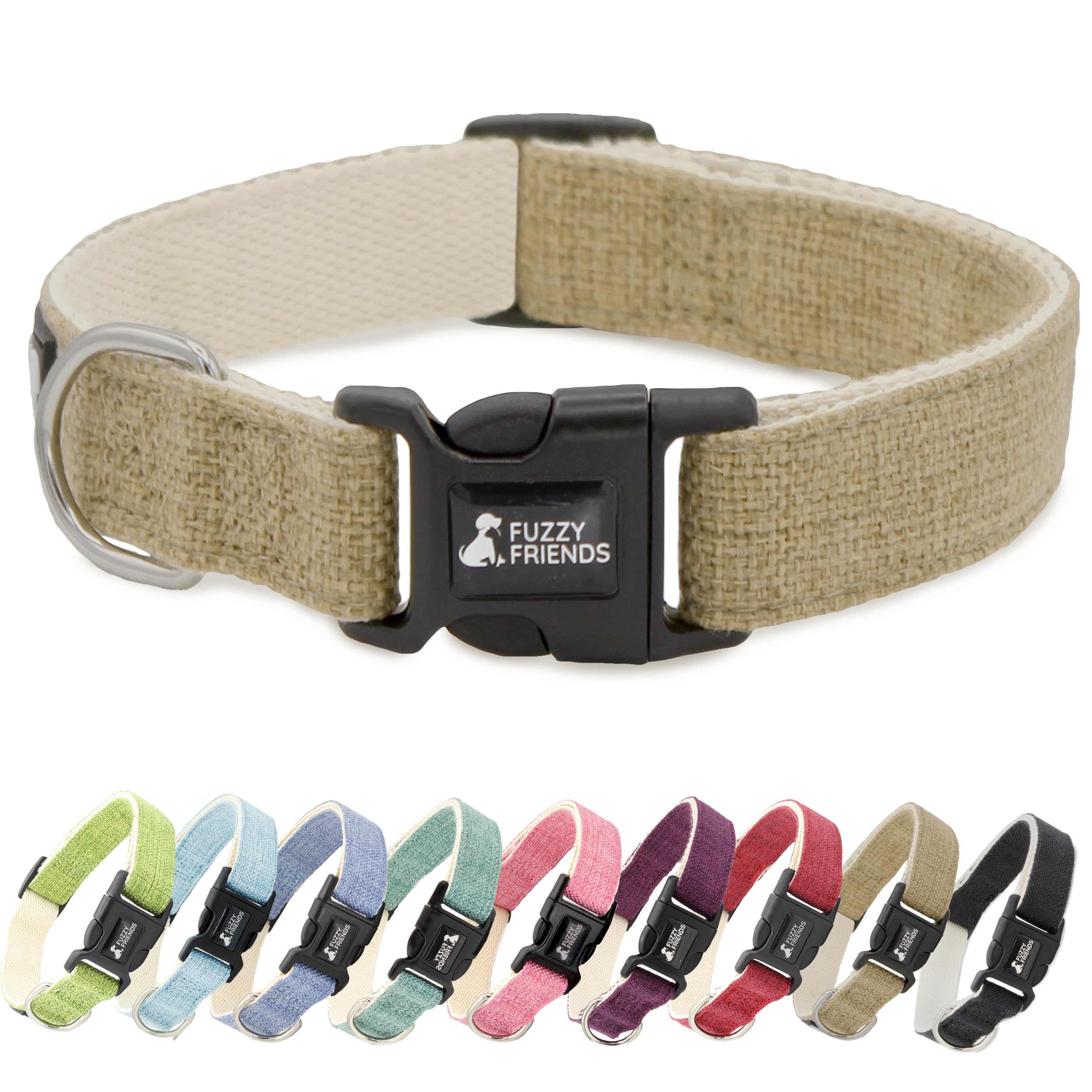 Fuzzy Friends Khaki Hemp Dog Collar - Hypoallergenic Dog Collar - Comfortable for Sensitive Skin or Allergies with no Harsh Dyes