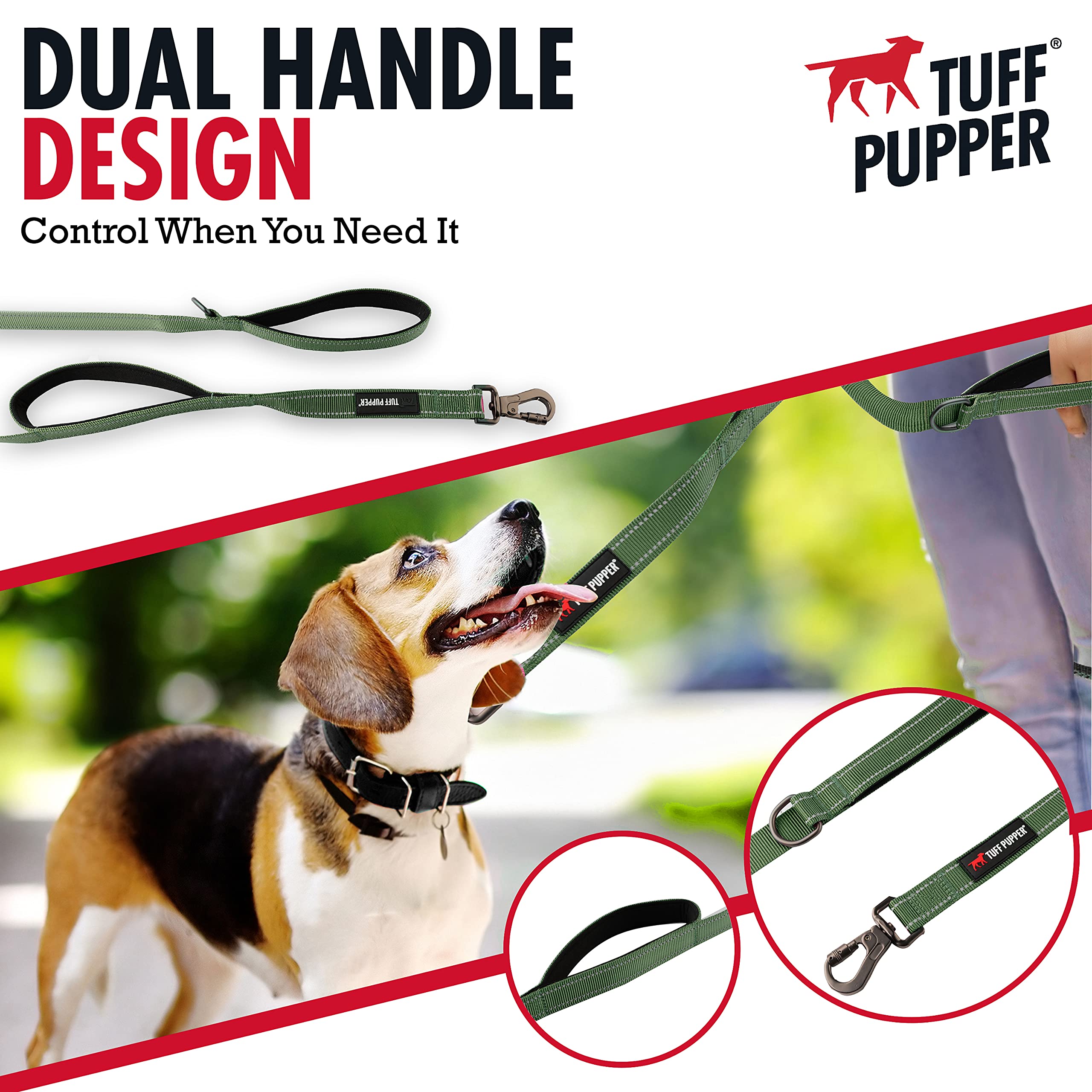 Tuff Pupper Heavy Duty Double Handle Leash With Twist Lock Carabiner Clip | Safety Lock For Strong Dogs | Reflective For Night W