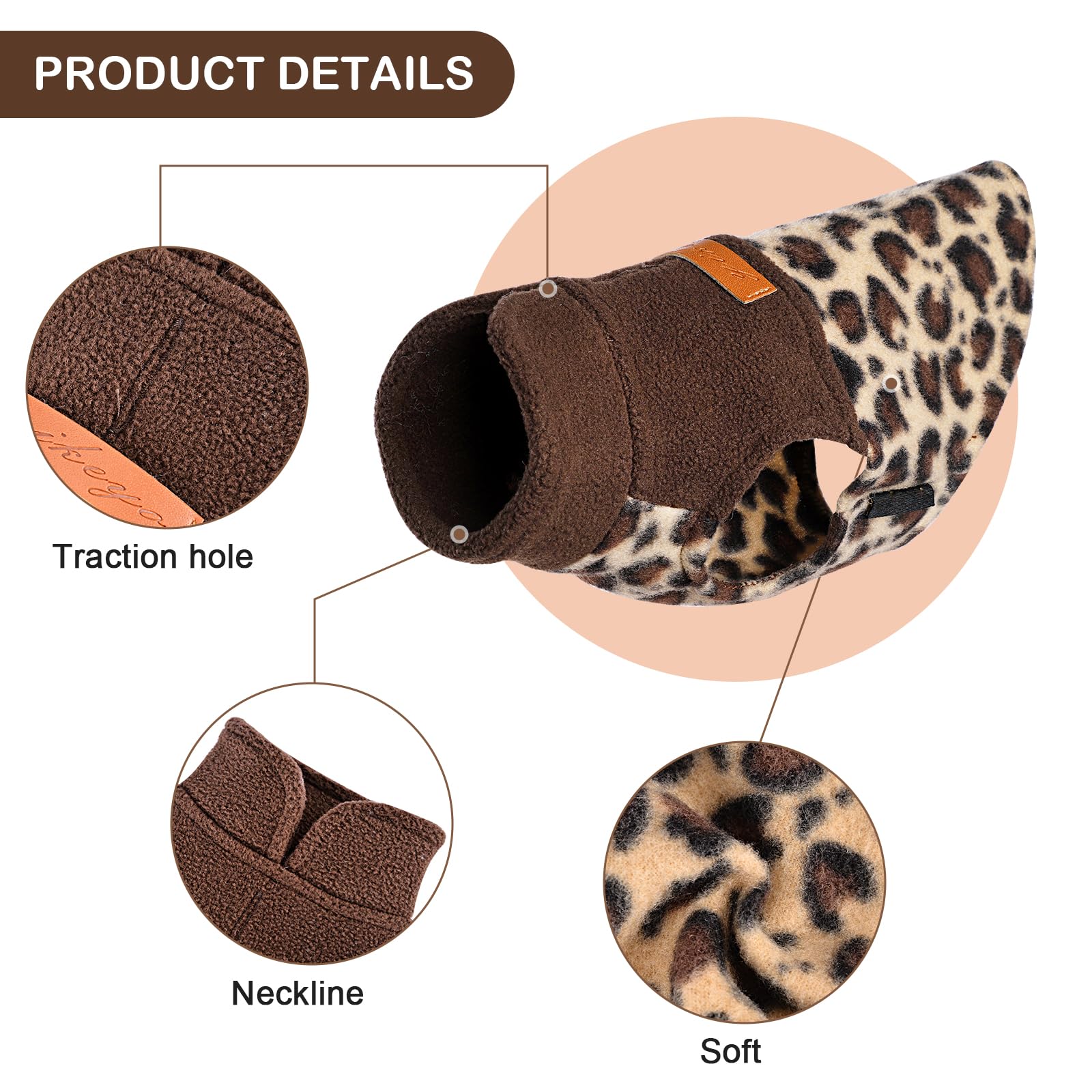Kosiyi Fleece Leopard Vest Dog Sweater Stretchy Sweatshirt with Leash Hole Pet Clothes Lightweight Dog Cold Weather Coat for Sma