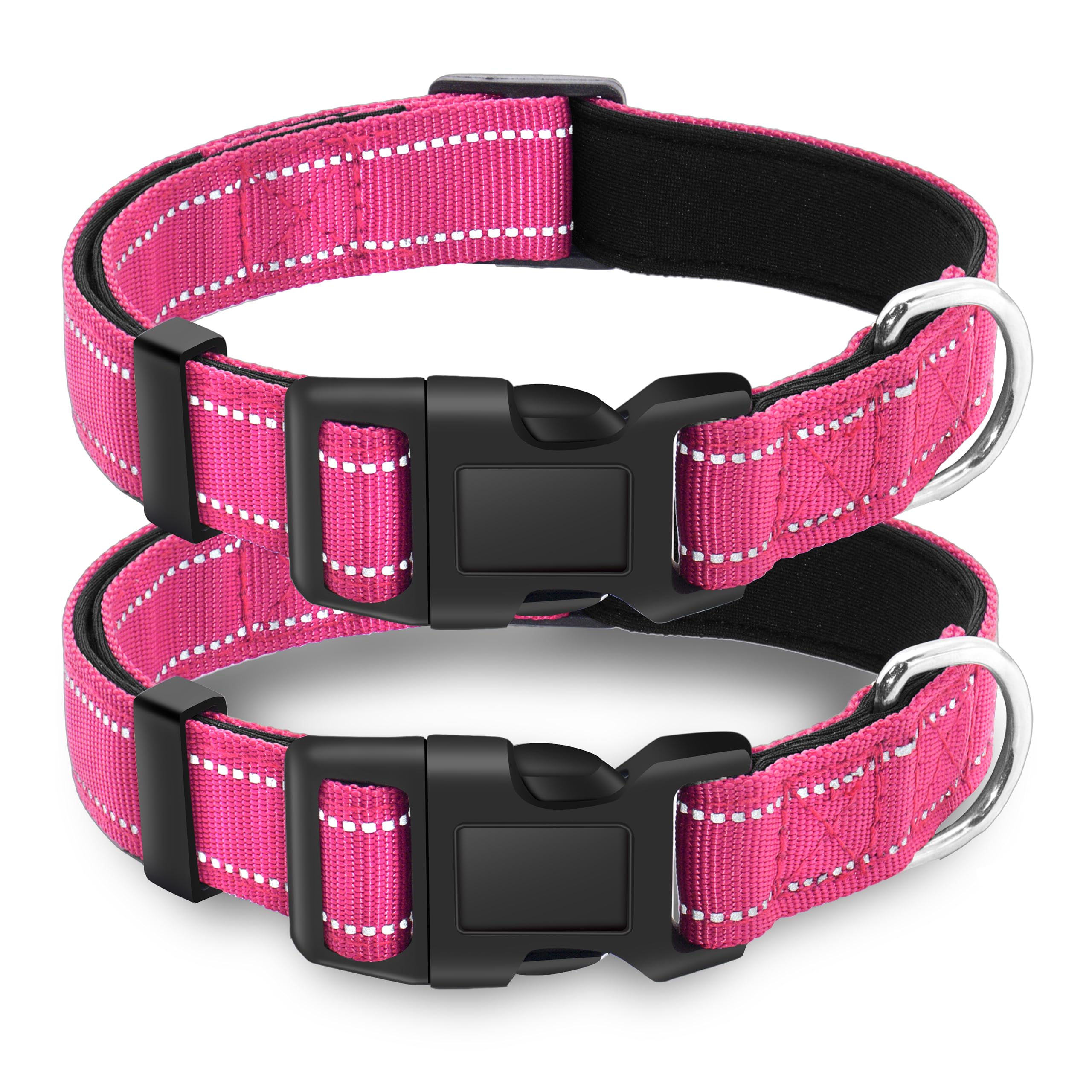 Lievuiken 2 Pack Reflective Dog Collar With Safety Locking Buckle, Adjustable Soft Breathable Comfortable Nylon Pet Collar For Small, Medium And Large Dogs, Hotpink, S