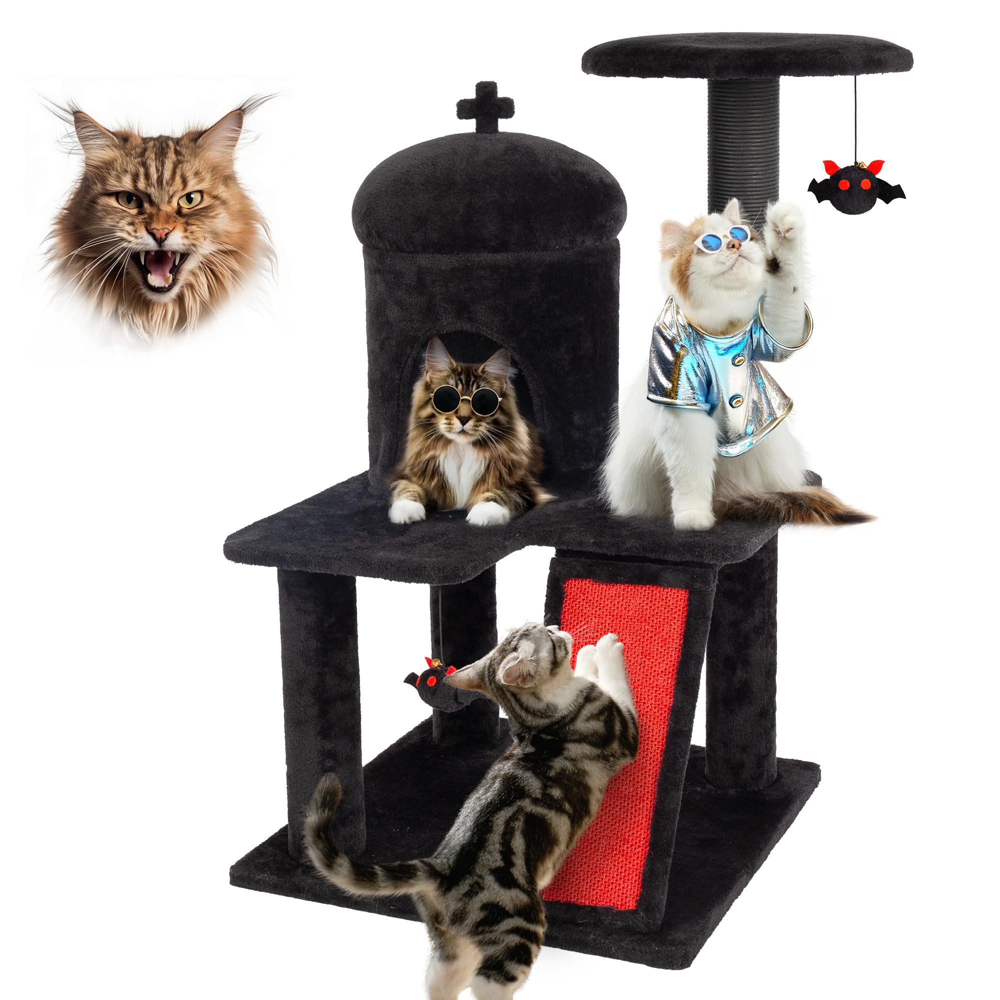 Kamaboko Gothic Cat Tree, 36.4    Black Cat Tower For Indoor Cats With Sisal Scratching Posts, Spacious Cat Condo, Self Groomer,