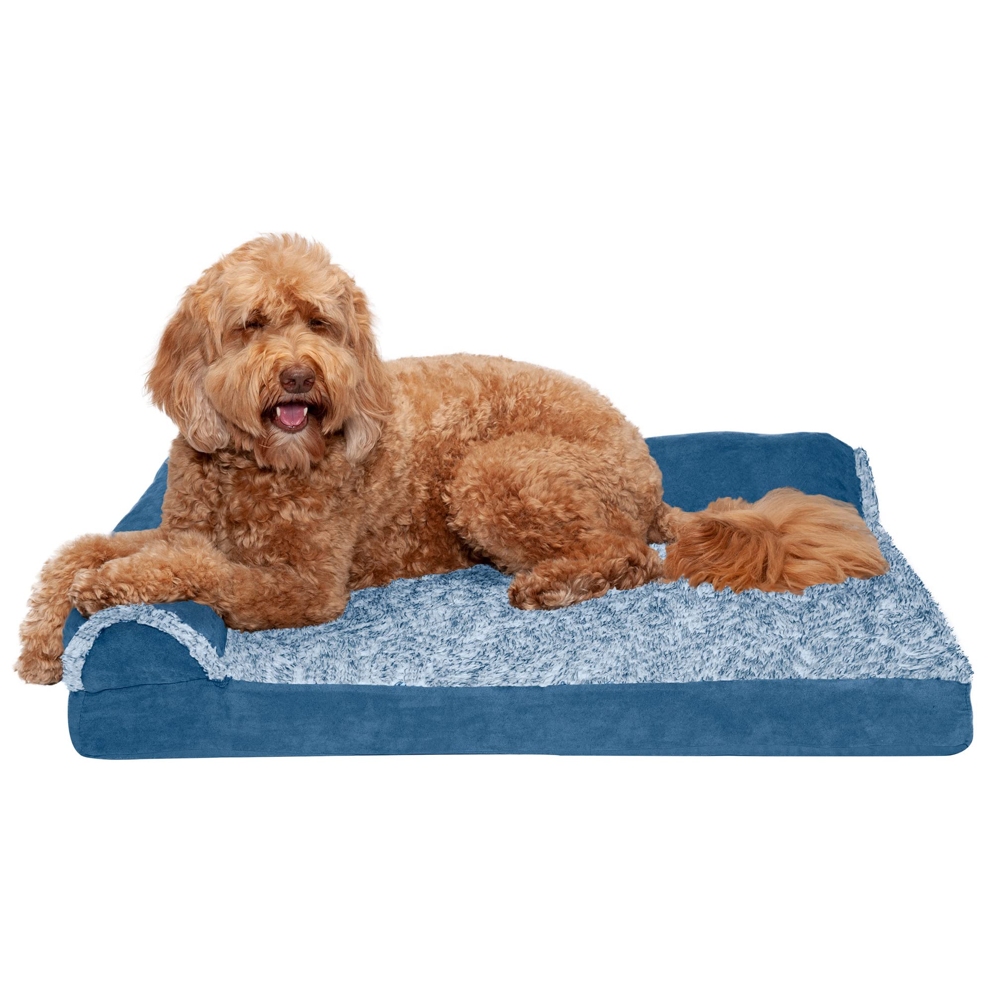 Furhaven Orthopedic Dog Bed For Large/Medium Dogs W/ Removable Bolsters & Washable Cover, For Dogs Up To 55 Lbs - Two-Tone Plush Faux Fur & Suede L Shaped Chaise - Marine Blue, Large