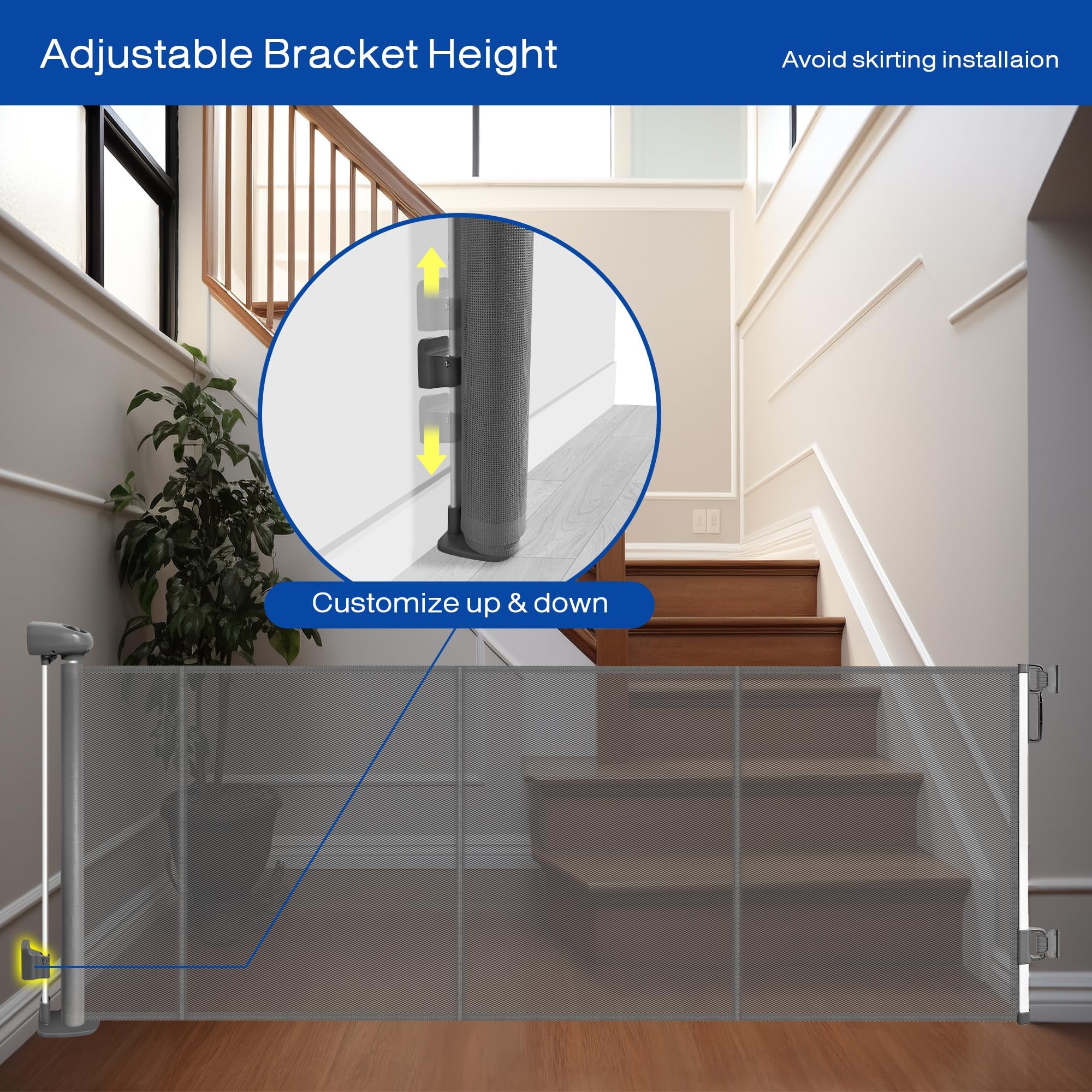 Retractable Dog Gates 137 Extra Wide Baby Gate with Reinforced Strip for Stair Indoor Outdoor, 34 Tall Retractable Mesh Pets and
