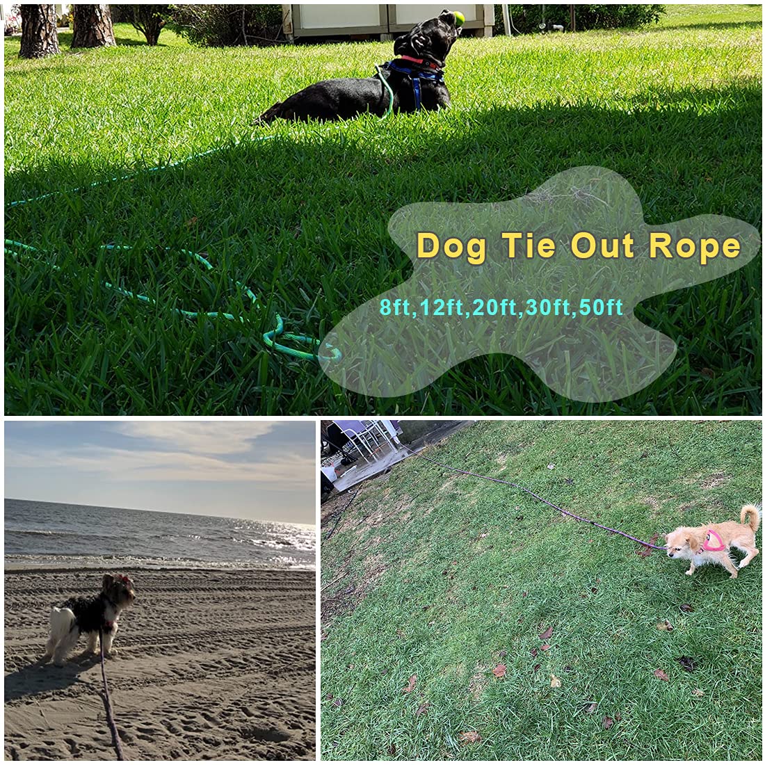 Btinesful 8Ft 12Ft 20Ft 30Ft 50Ft 75Ft Dog Tie-Out Long Tether Rope Leash, Outdoor Dog Yard Leash- Large Medium Small Dogs Train