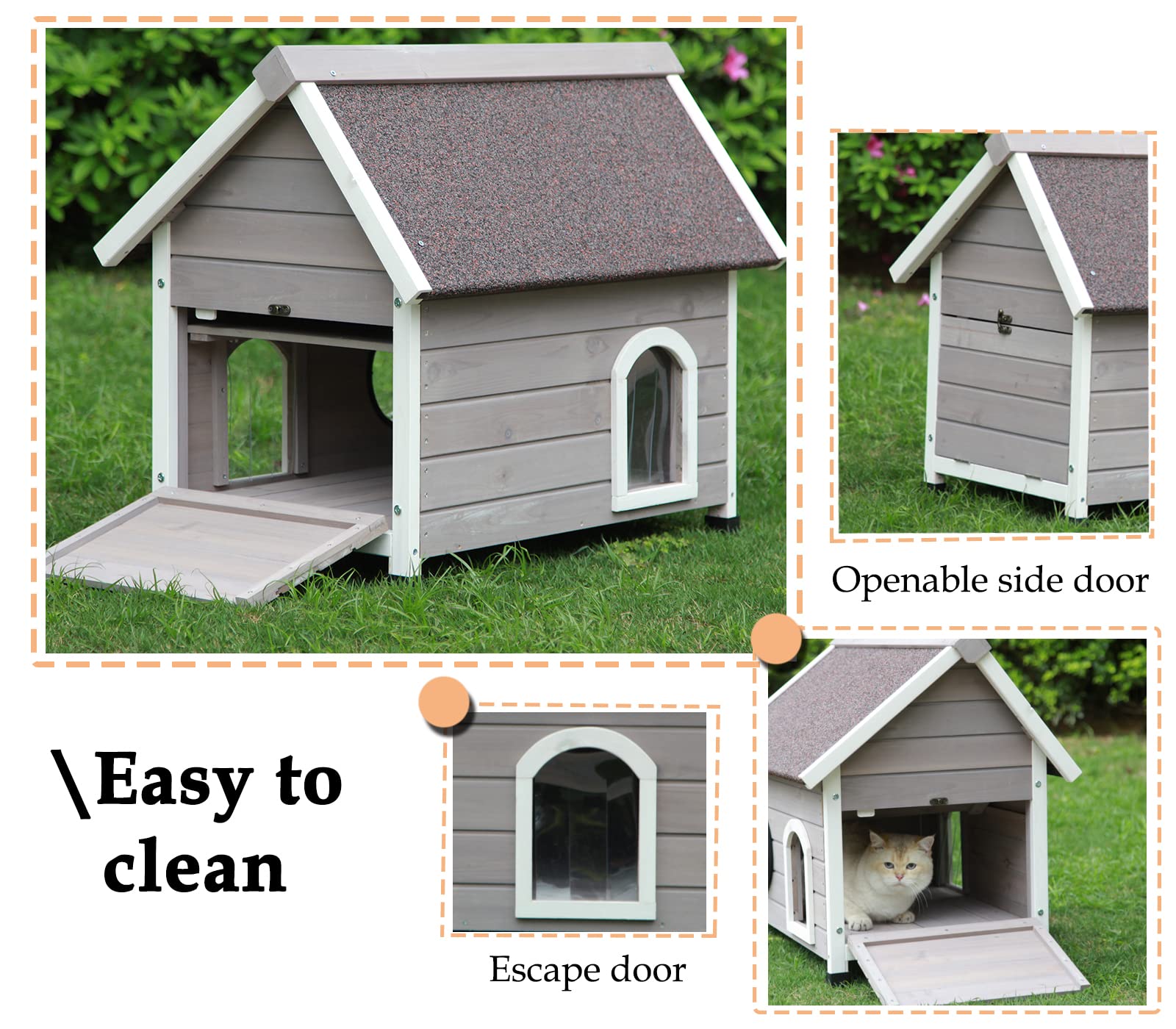 Rockever Outdoor Cat House, Feral Cat House Outdoor Weatherproof With Escape Door And Clear Windows For 2 Cats (Grey)