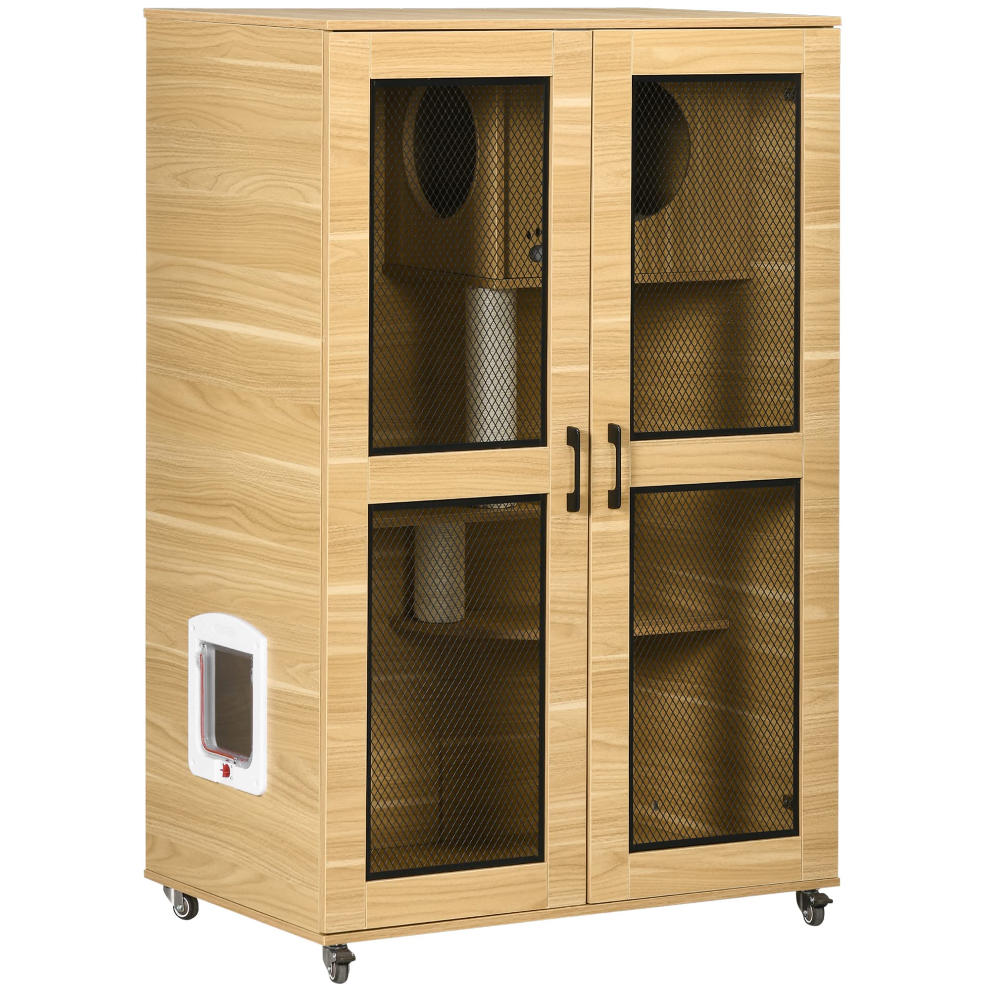 Pawhut Luxury Cat House With Wheels, Kitty Cage Catio Villa For Indoor Cats With Scratching Posts, Condo, Flap Door, Cushion, Oa