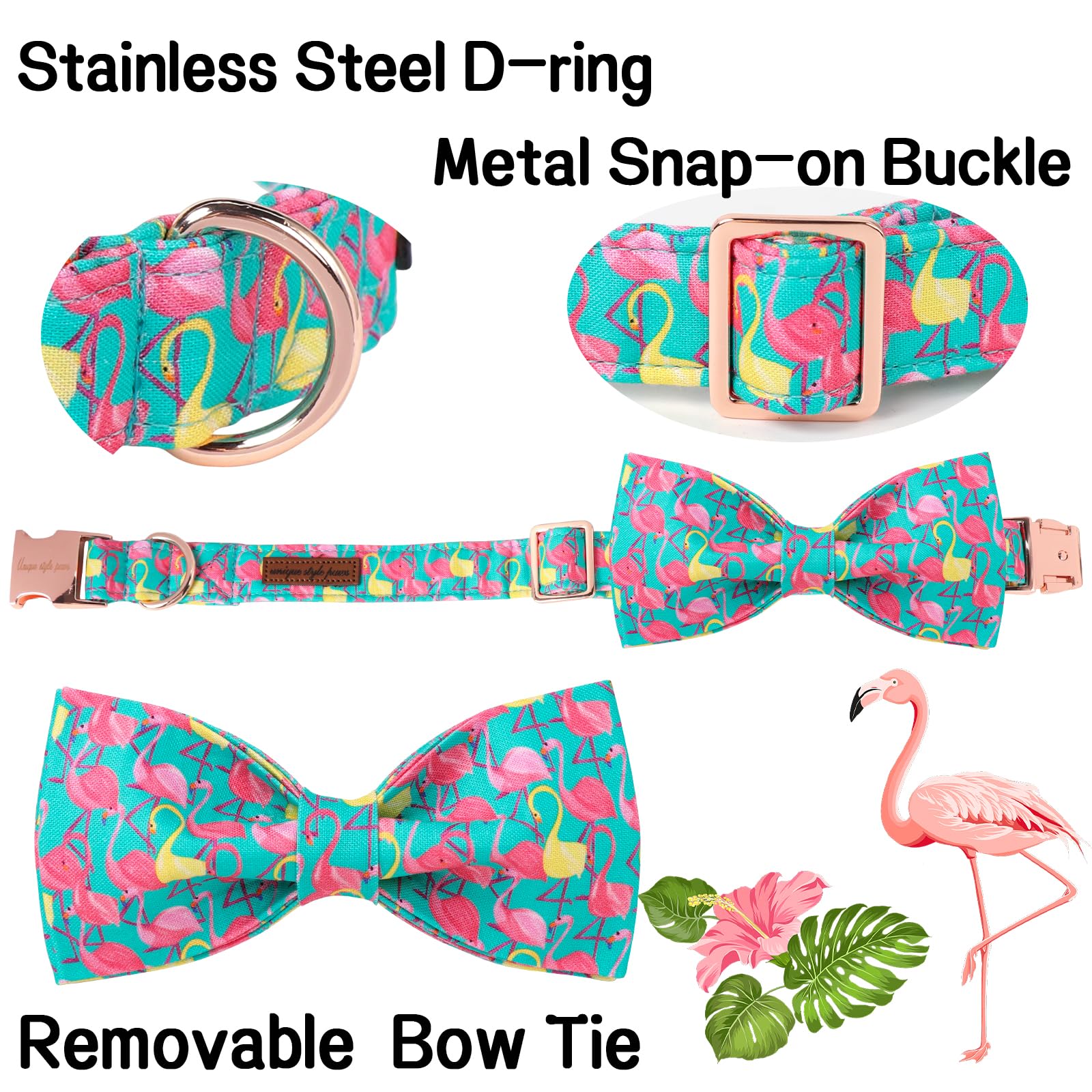 Unique Style Paws Summer Dog Collar With Bow, Flamingo Bow Tie Dog Collar,Cute Puppy Collar Green Dog Bow For Girl,Boy Dogs,M,13