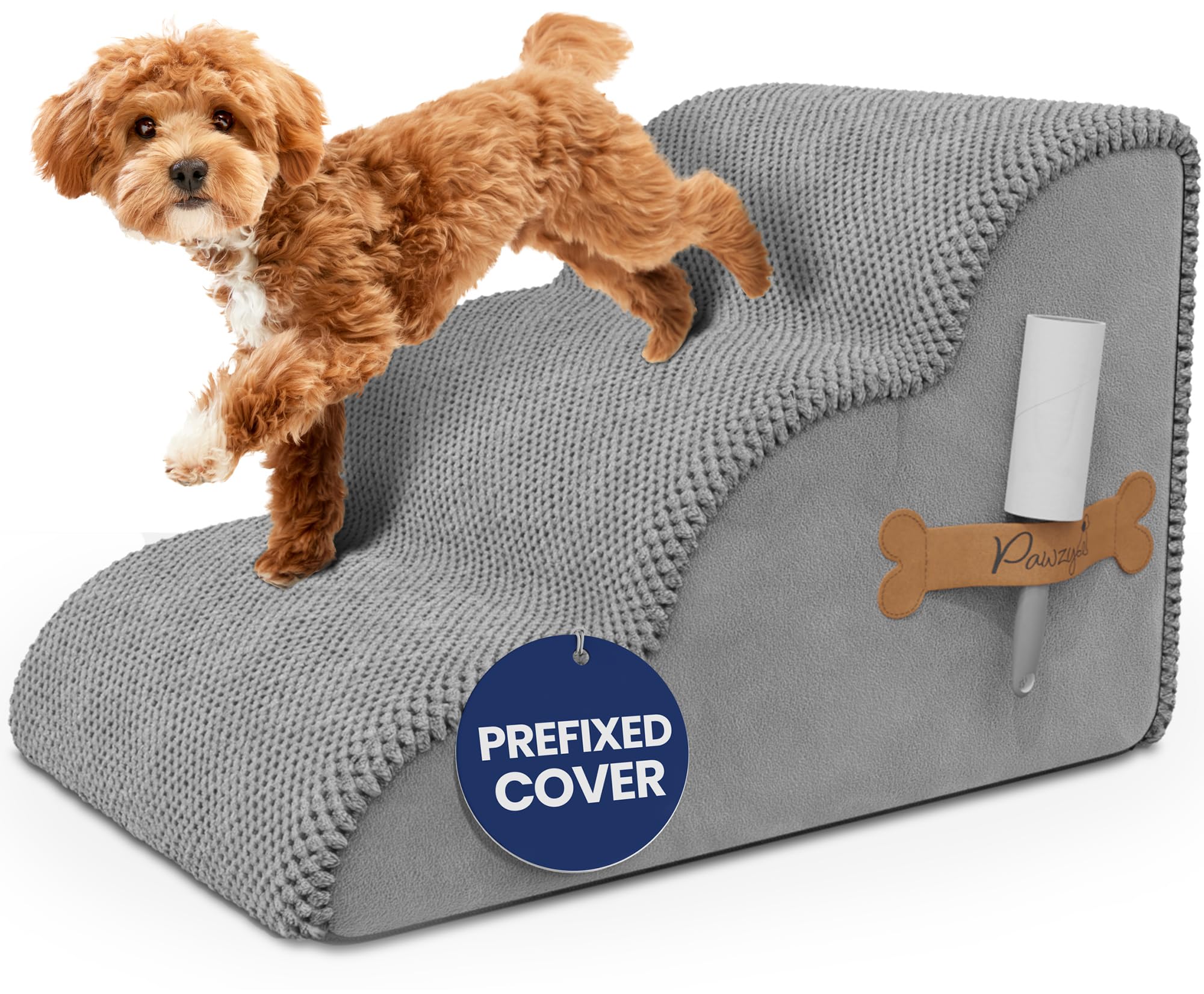 Pawzy Foam Pet Stairs For Bed, Couch Or Window Prefixed Cover - Wide Steps For Bed, Waterproof, Non-Slip Base - 3-Tier Ramp Dog 
