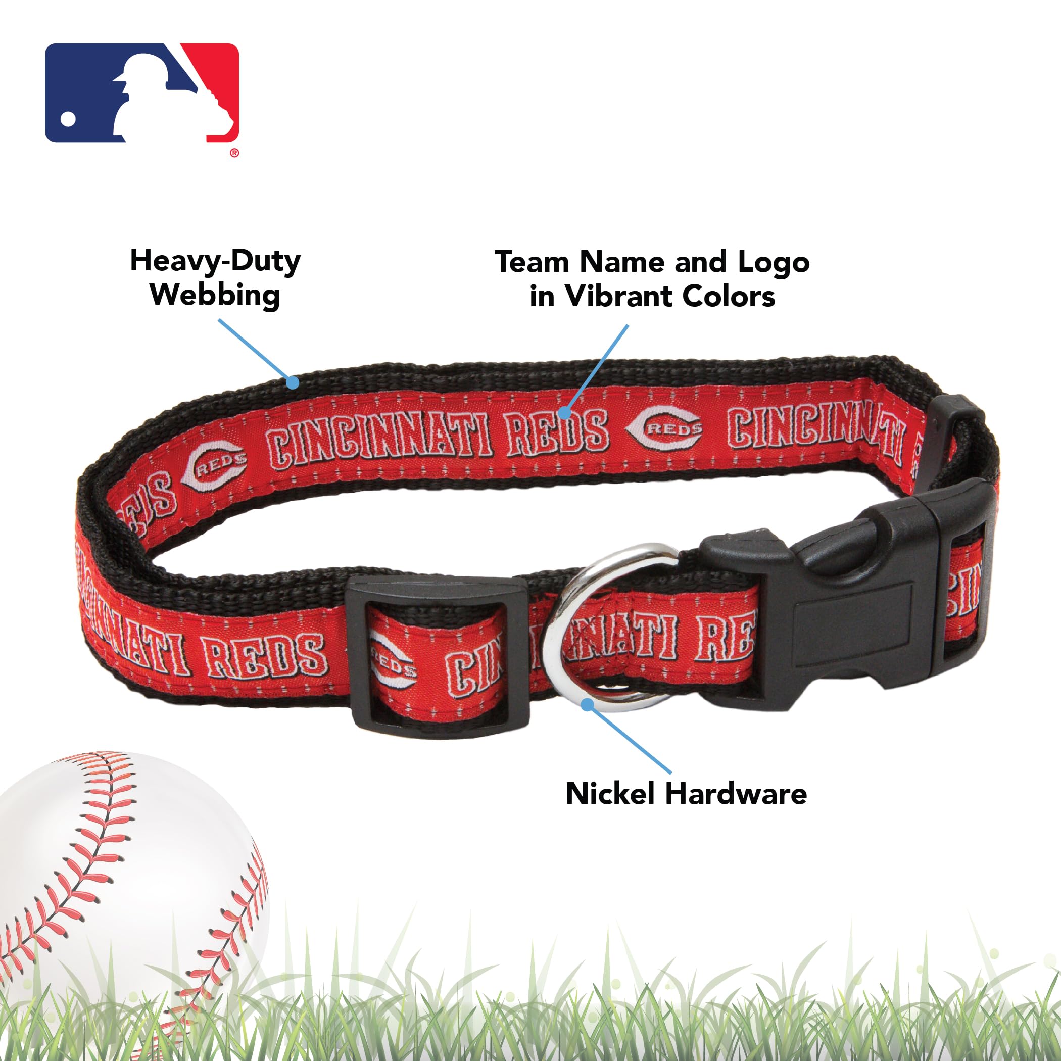 MLB Cincinnati Reds Licensed PET COLLAR- Heavy-Duty, Strong, and Durable Dog Collar. Available in 29 Baseball Teams and 4 Sizes