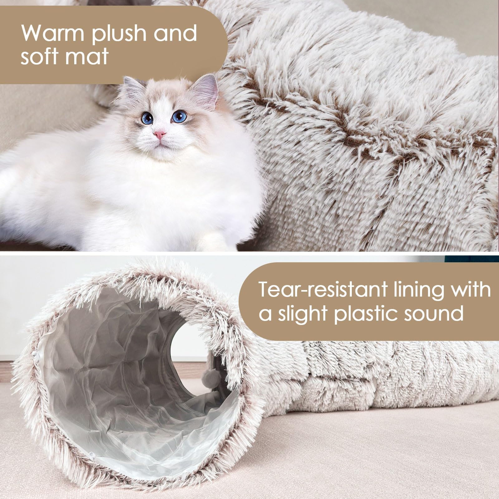 Cat Tunnel Bed For Indoor Cats, Peekaboo Cat Cave With Washable Soft Play Mat, Furry Cat Tube, For Kitten/Puppy/Rabbit, Brown