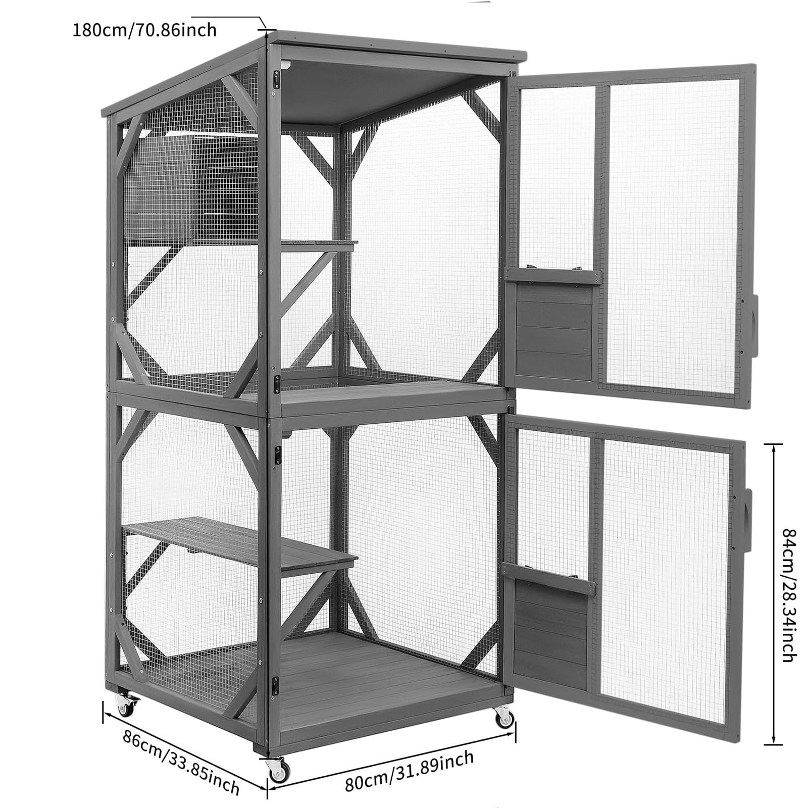 Geguri Cat Catio Outdoor, Large Wooden Cat Enclosures On Wheels, Indoor Kitty Patio With Upgraded Resting Box, Waterproof Roof