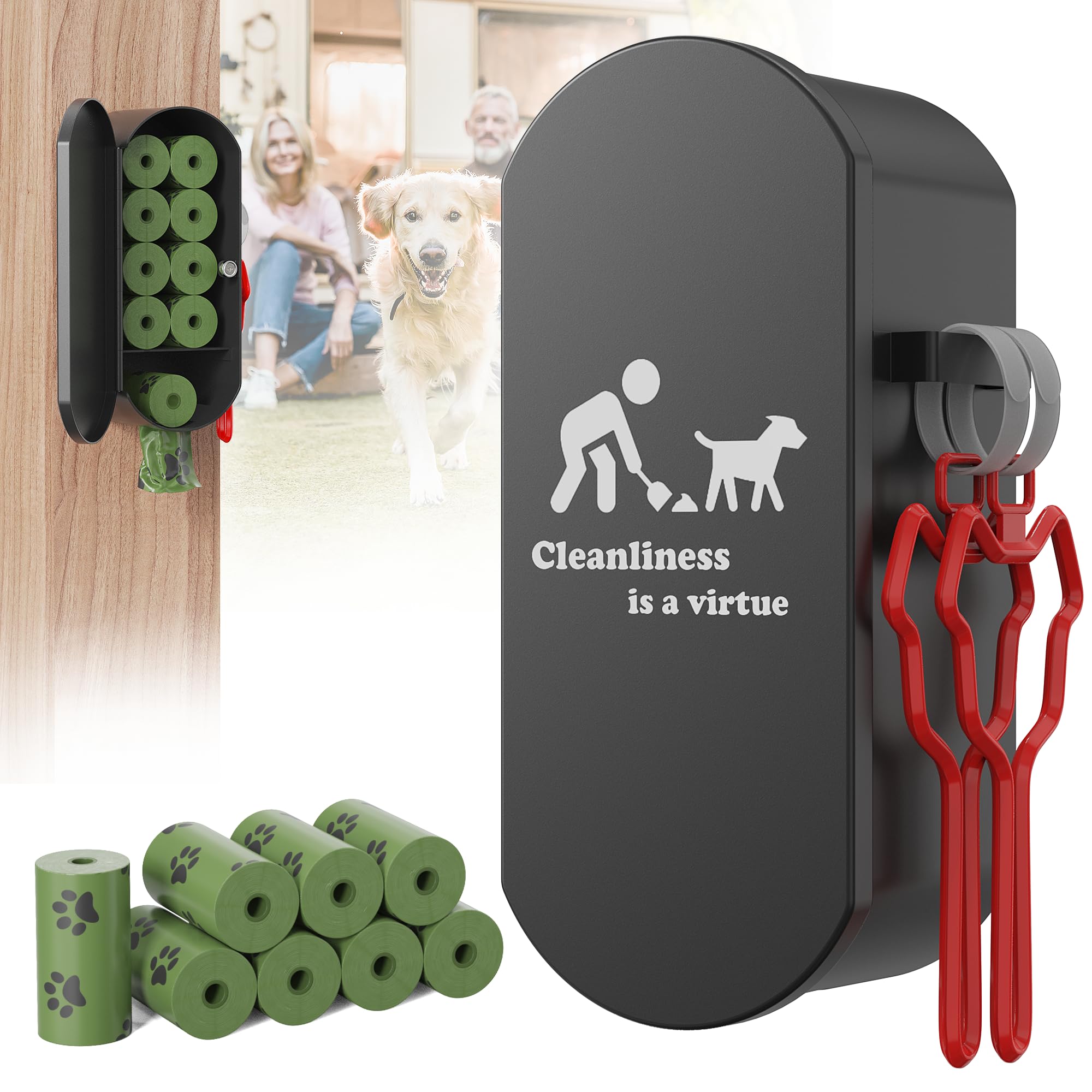 Dog Poop Bag Dispenser Wall Mount With 2Pcs Holders And 8 Rolls Of Waste Bag,Magnetic Door Closure,Metal, Corrosion-Resistant,Hi