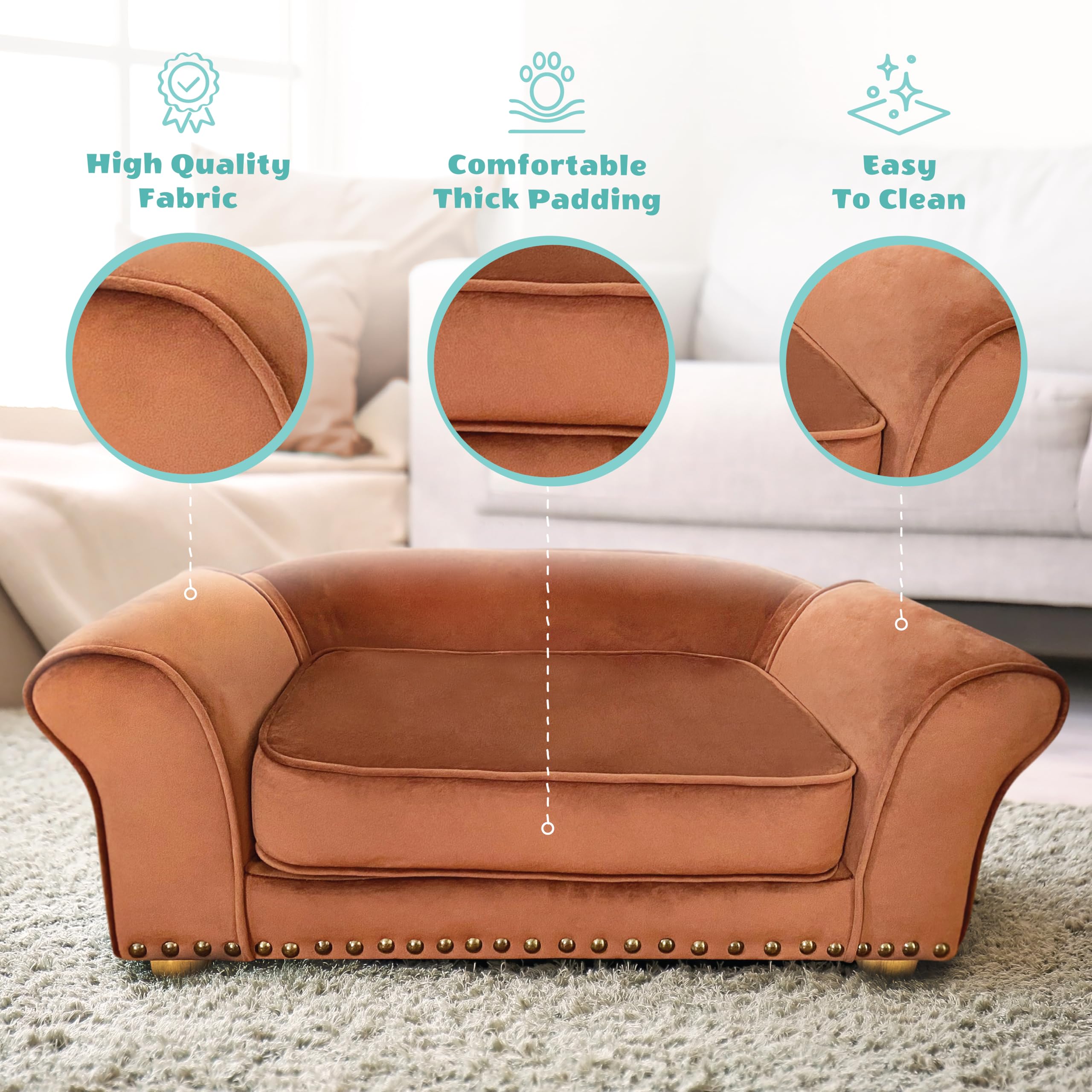 Critter Sitters 34-in. Faux Velvet Sofa in Brown for Medium-Sized Dogs and Cats, Durable and Stylish Dog Bed for Bedroom and Liv