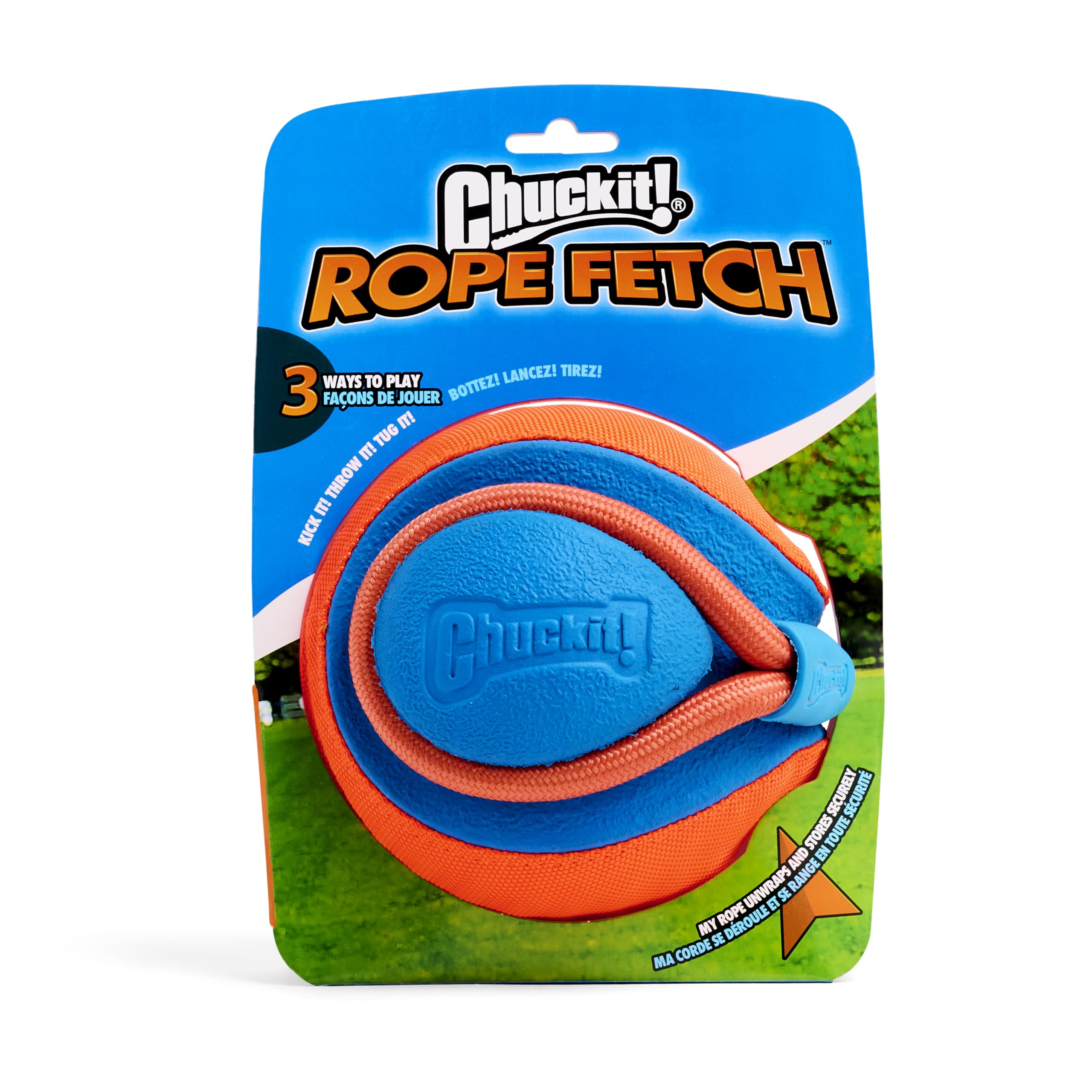 Chuckit! Rope Fetch Dog Toy - Ball On Rope Fetch And Tug-Of-War Toy For Dogs - Durable Eva Rubber Construction - 5.5-Inch Diameter - 18-Inch Rope - Orange And Blue