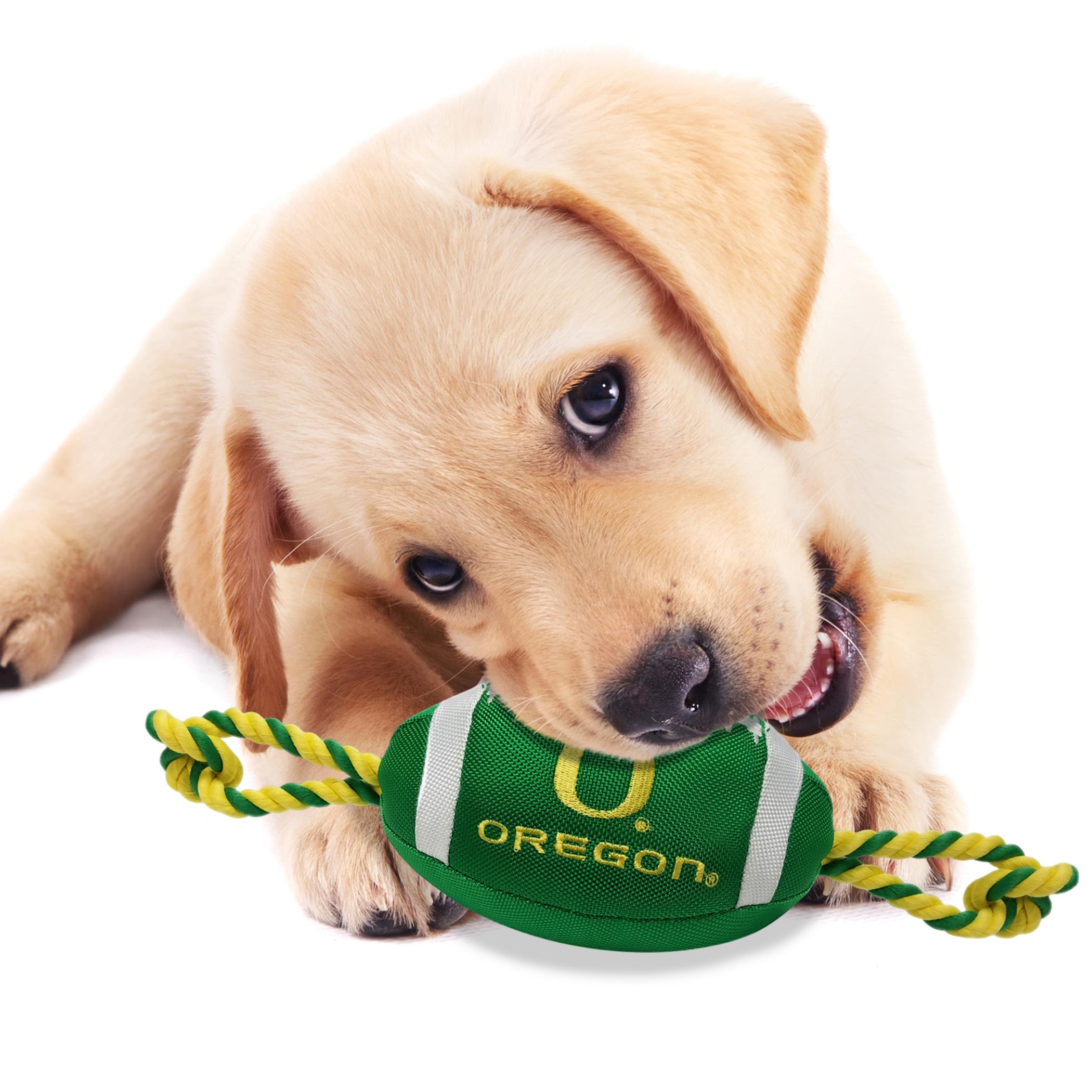Pets First Ncaa Oregon Ducks Football Dog Toy, Tough Quality Nylon Materials, Strong Pull Ropes, Inner Squeaker, Collegiate Team