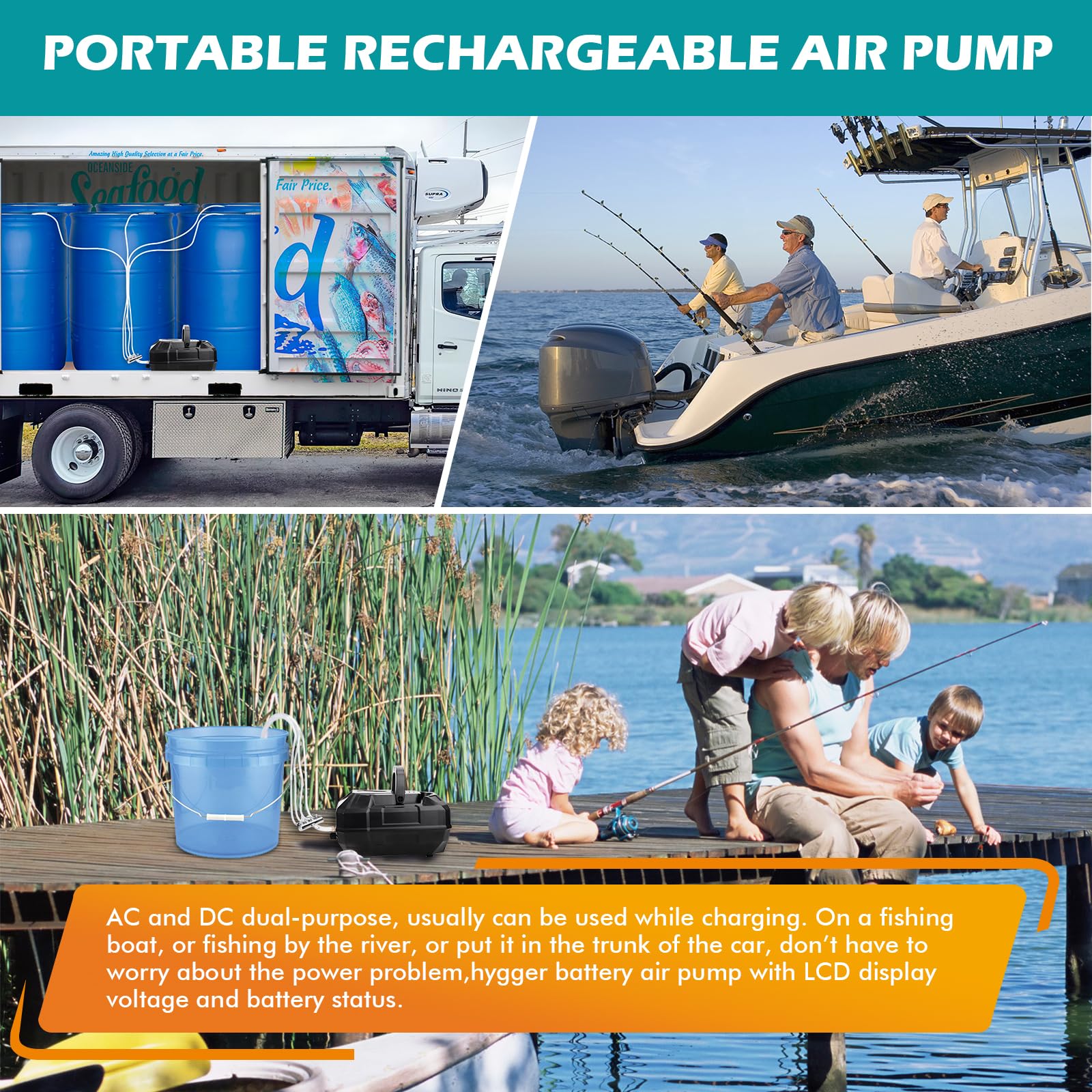 hygger Rechargeable Aquarium Pond Air Pump, Powerful Quiet Commercial Tank Air Pump with Hose Air Stone Check Valve Adjustable F