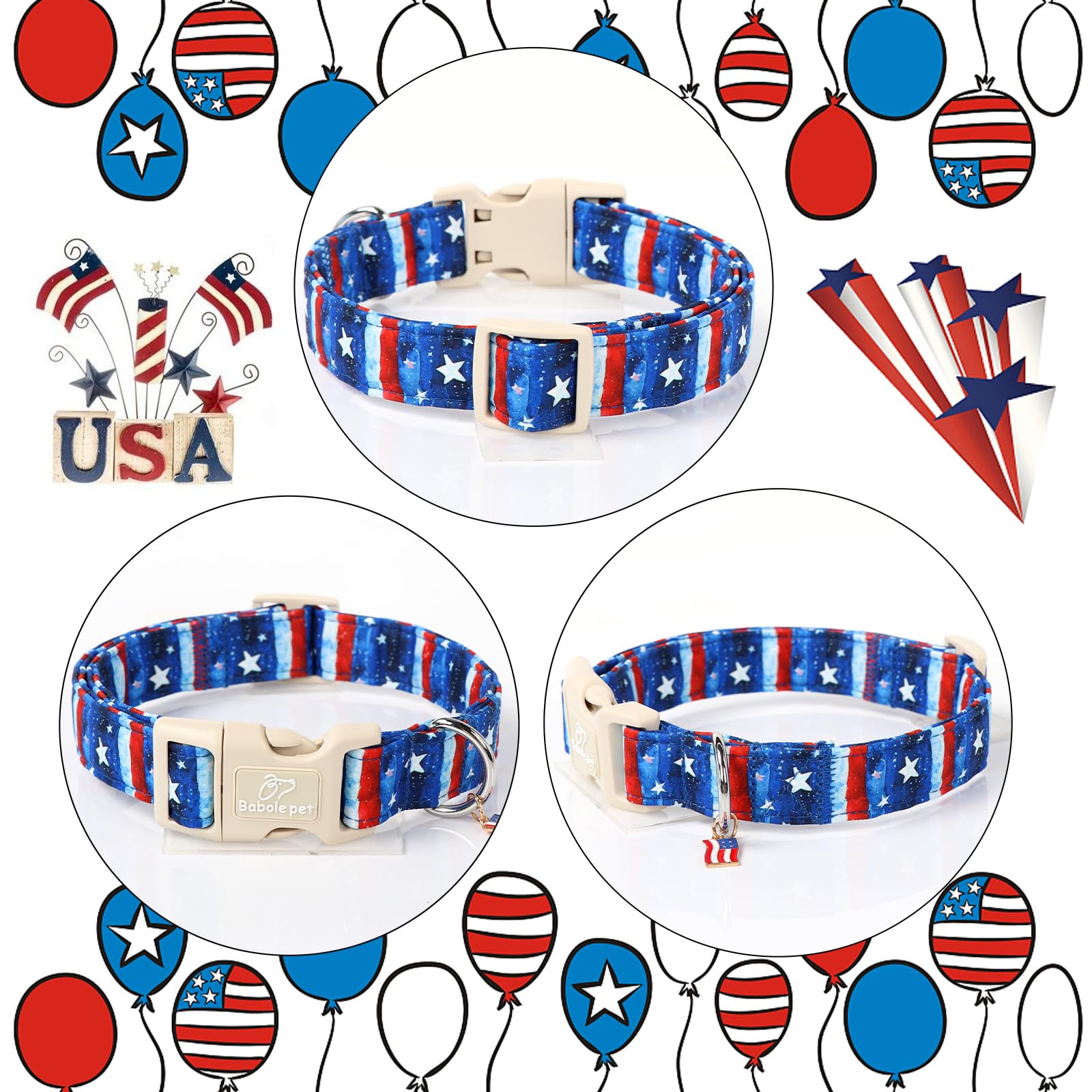 Babole Pet 4Th Of July Dog Collar, Stars & Stripes Patriotic Dog Collars For Puppy & Tiny Dogs, Adjustable Lightweight Quick-Rel