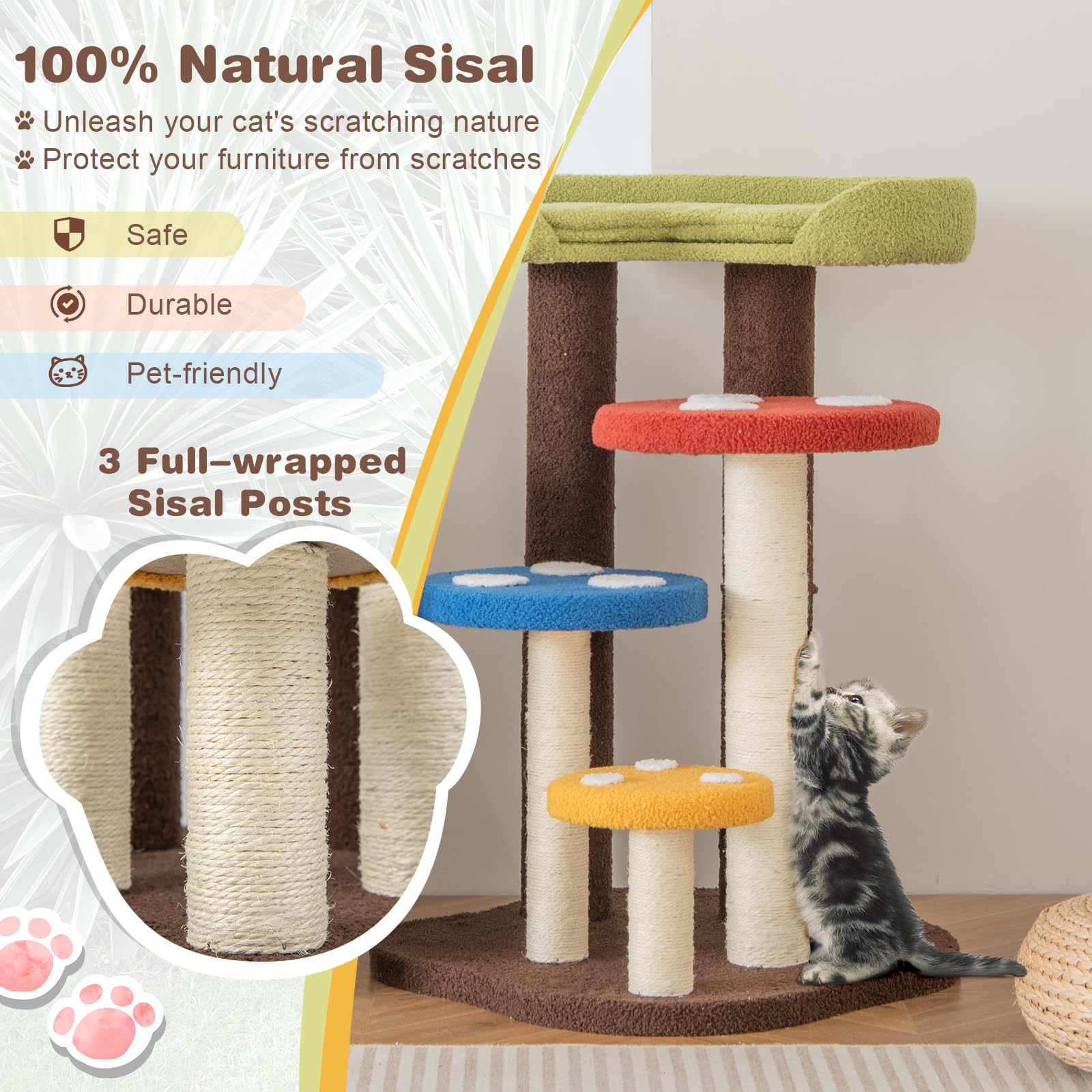 Petsite Mushroom Cat Tree, 37 Inches Tall Multi-Level Cat Tower With Natural Sisal Scratching Posts, Cozy Top Perch & Removable