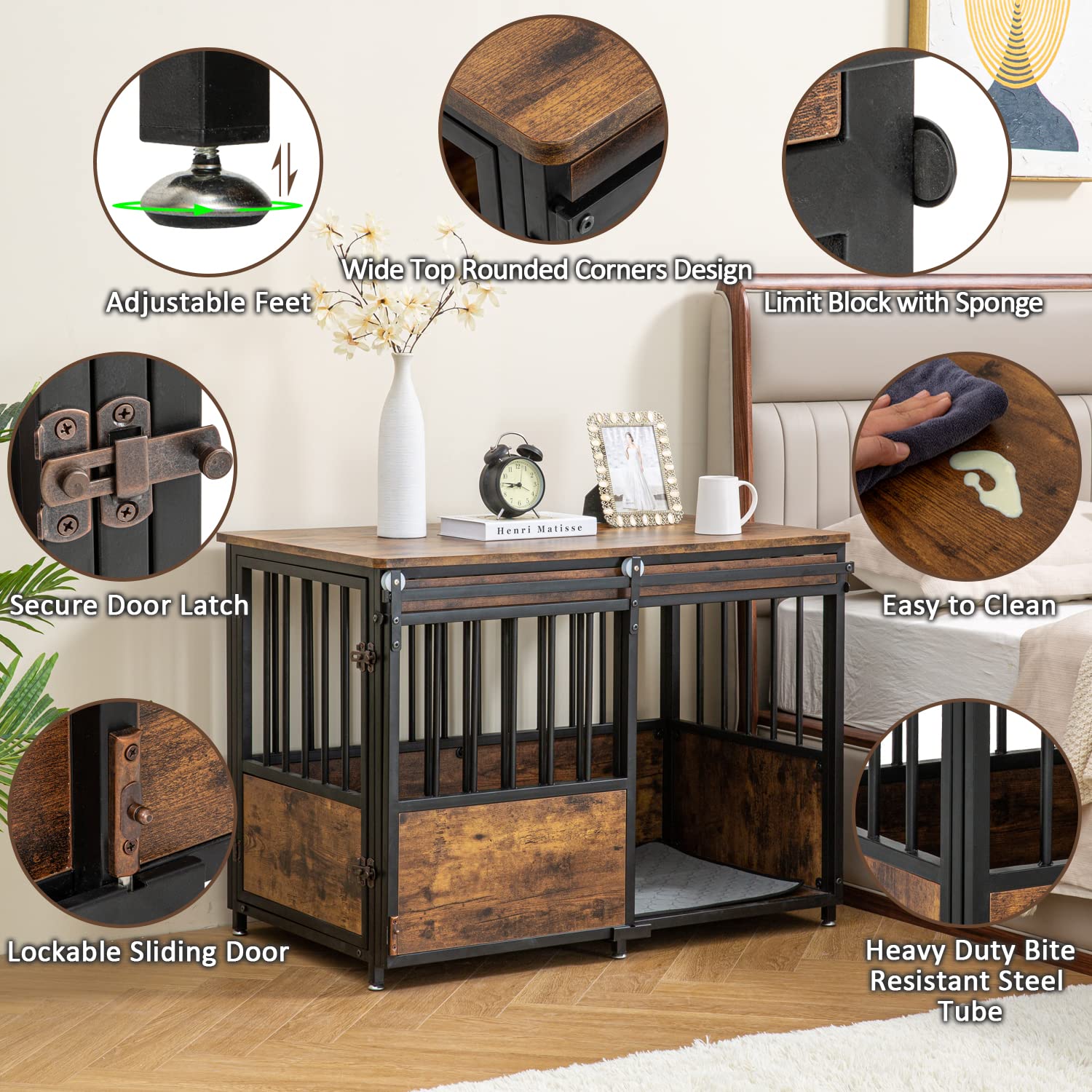 KOOPRO Dog Crate Furniture with Cushion, 40" Wooden Kennel, Rustic Brown, Double Doors, Heavy Duty, Model KO220801-0000-01