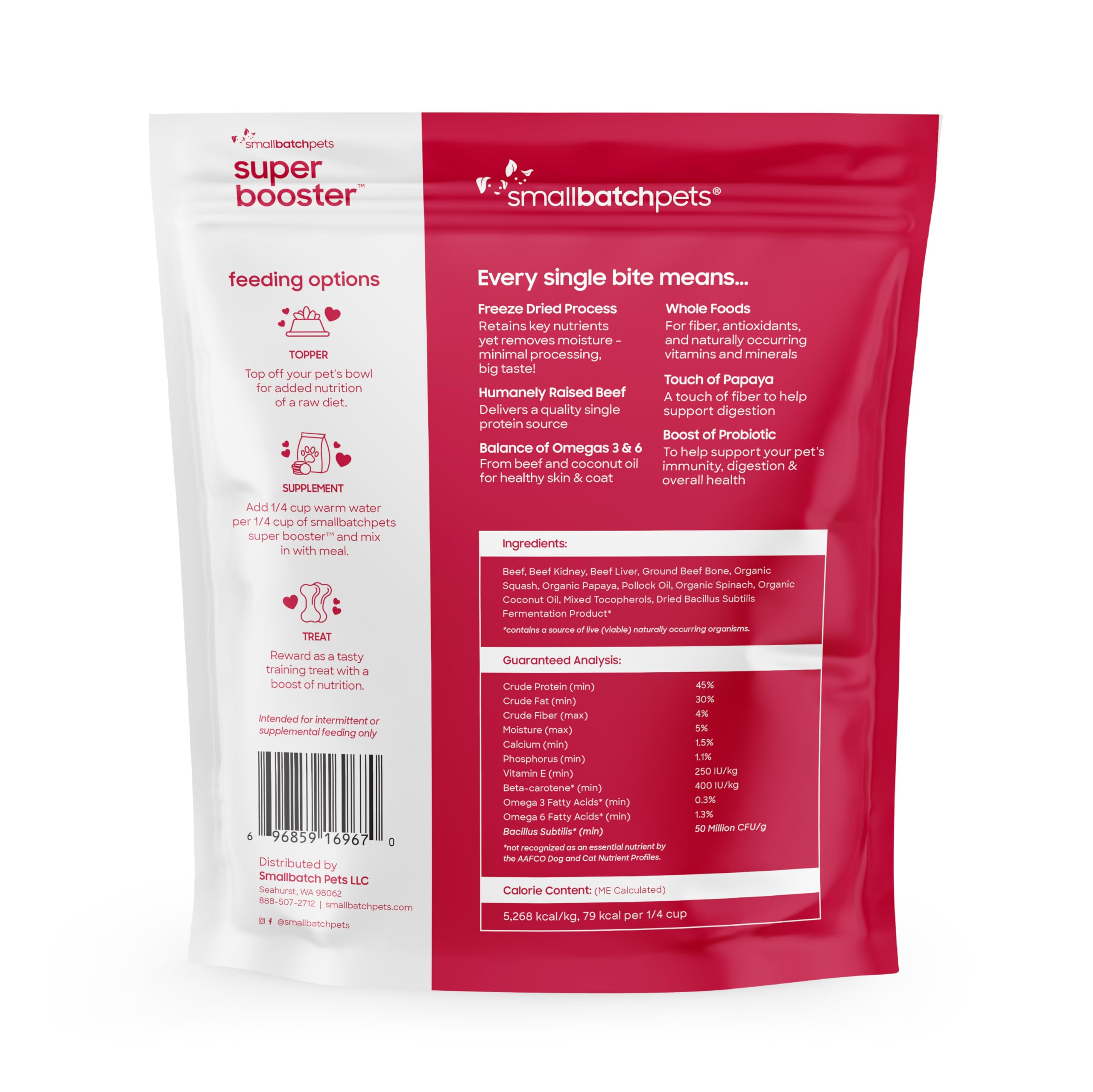 smallbatch Pets Freeze-Dried Super Booster Beef Bites for Dogs & Cats, 7 oz, Made in The USA, Organic Produce, Humanely Sourced