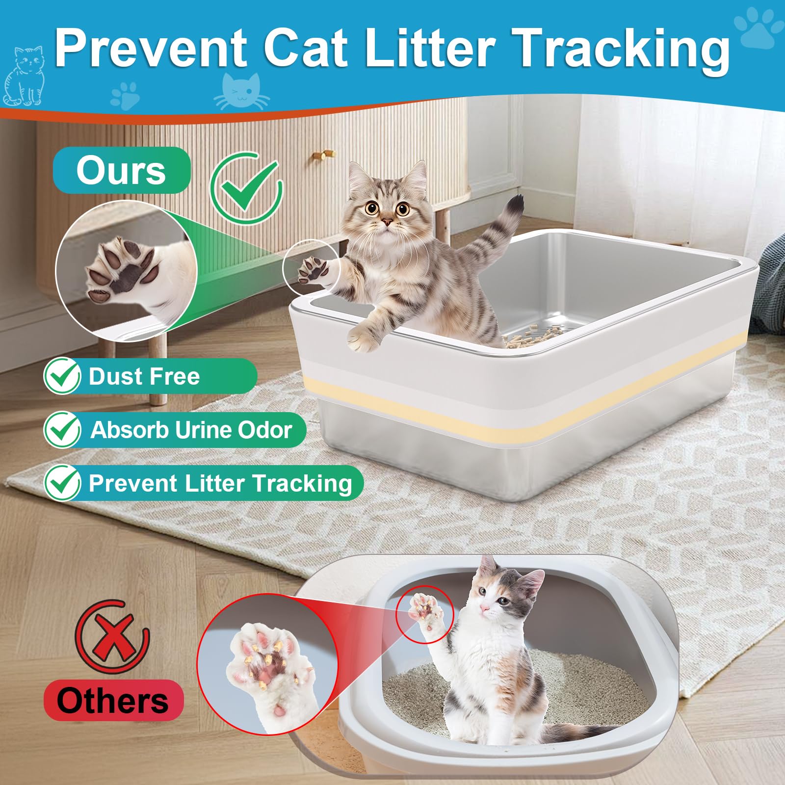 Xl All Stainless Steel Sifting Litter Box With Lid,Sifting Cat Litter Box For Wood Pine Pellets,High Sides Sifter Litter Pan Sys