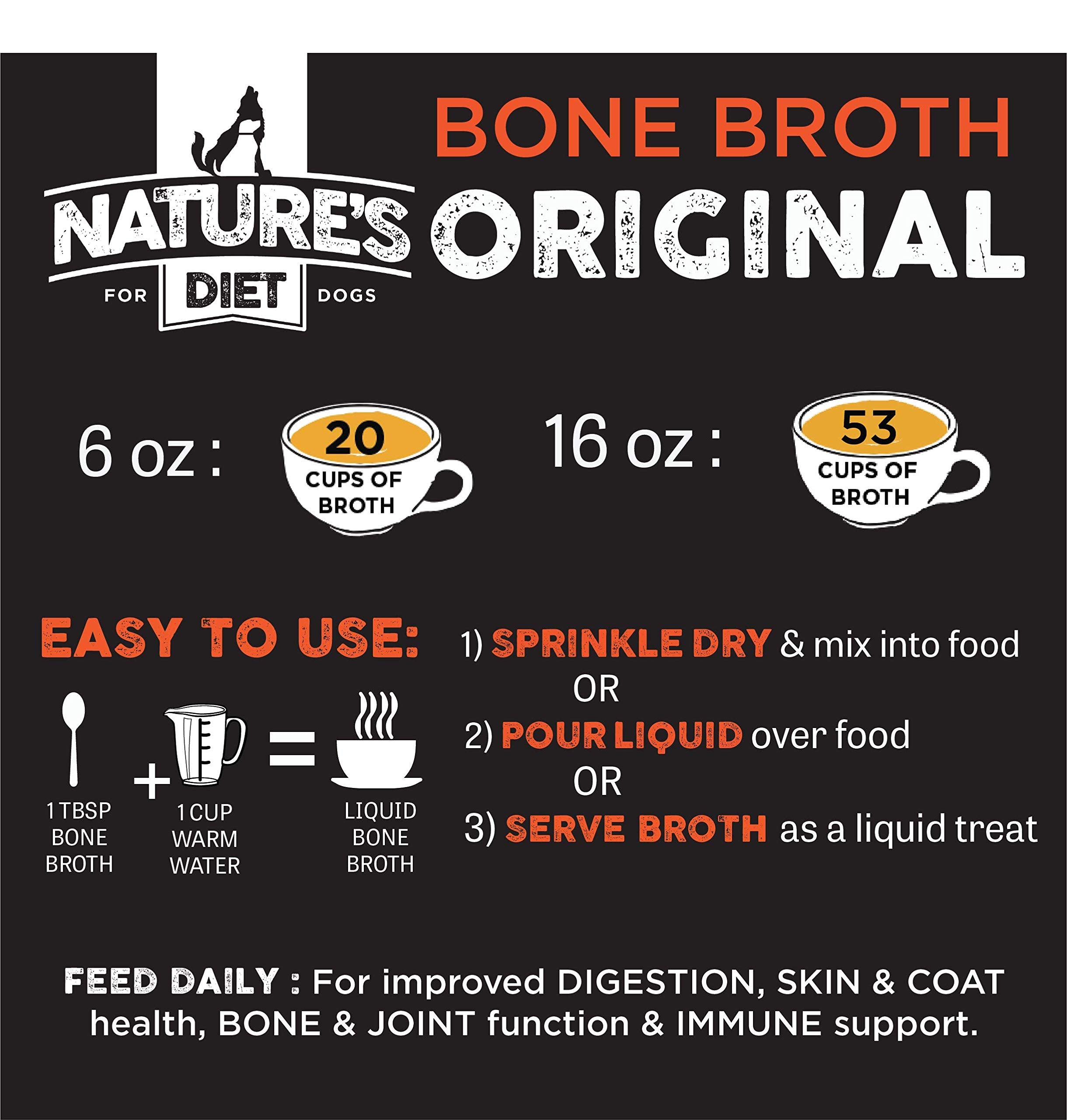 Natures Diet Pet Bone Broth Protein Powder with Pumpkin, Fish Oil and Turmeric (Chicken, 16 oz = 159 Servings)