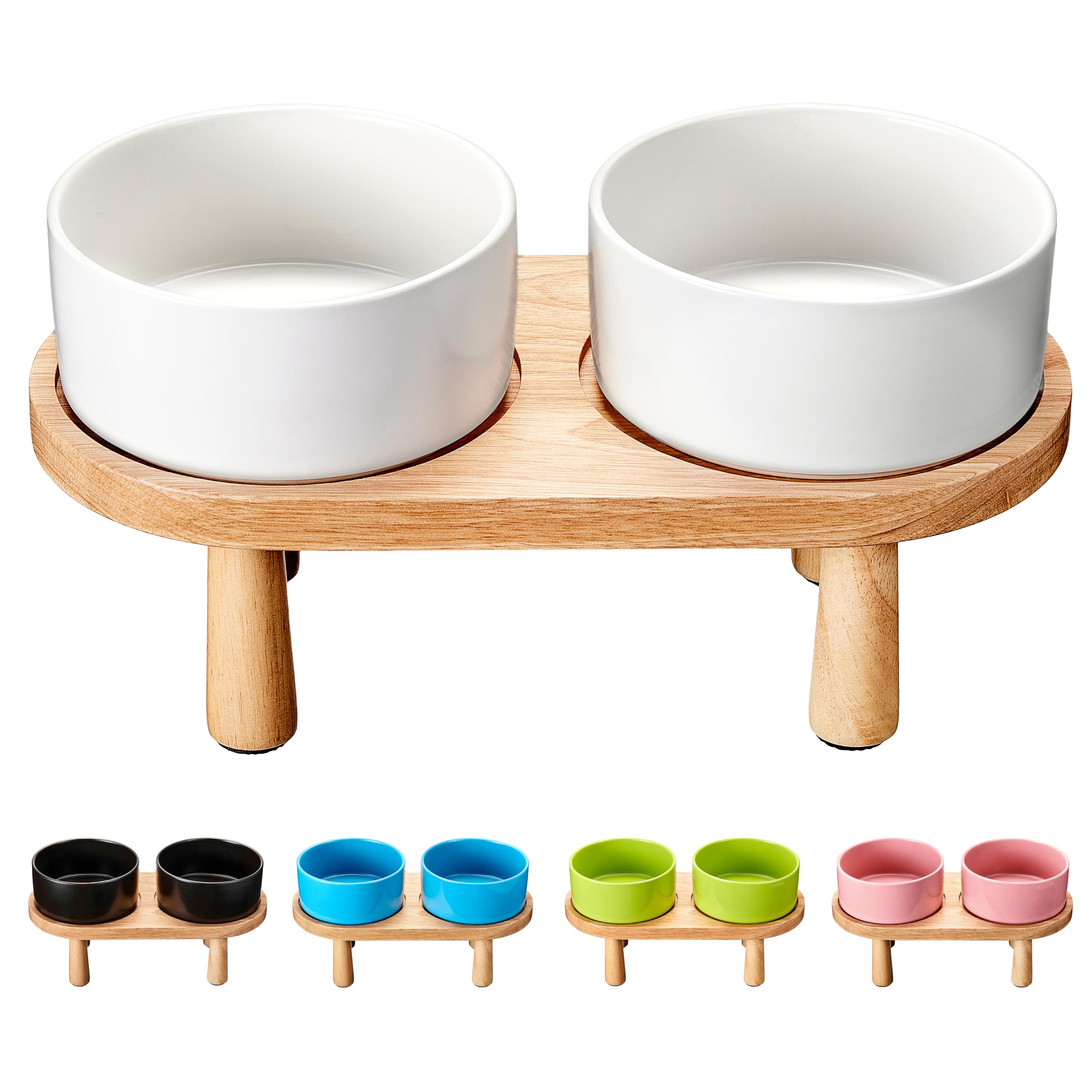 MOPANG Ceramic Elevated Dog Bowls, Pet Food and Water Bowl Set for Large Dogs, 7.5 Cups Dog Bowls Raised with Wood Stand, 61OZ, 