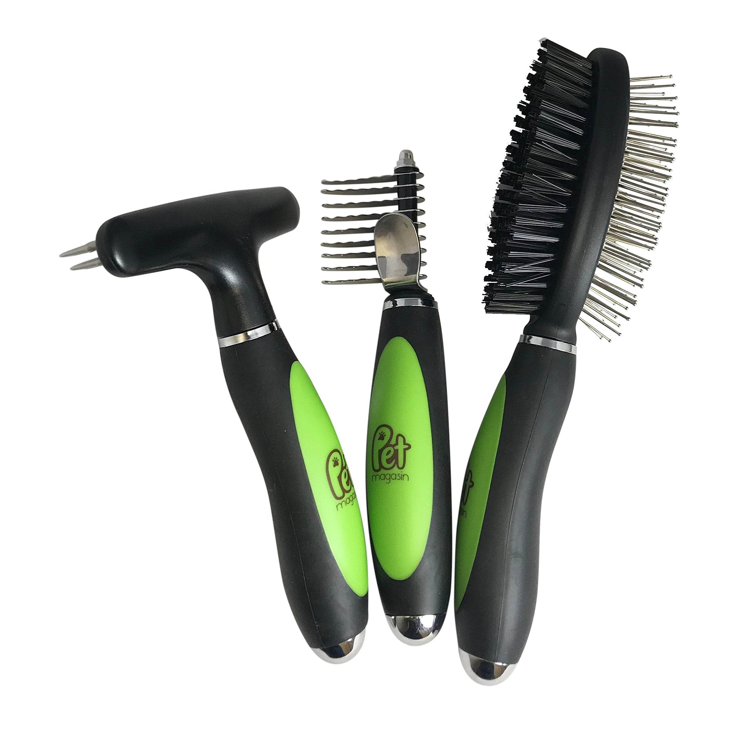 Pet Magasin Professional Grooming Brushes (Pack Of 3) Double Sided Brush, Long Tooth Undercoat Dog Rake & De-Matting Comb For Dogs, Cats & Other Animals, Green & Black (Dogbrushestop)