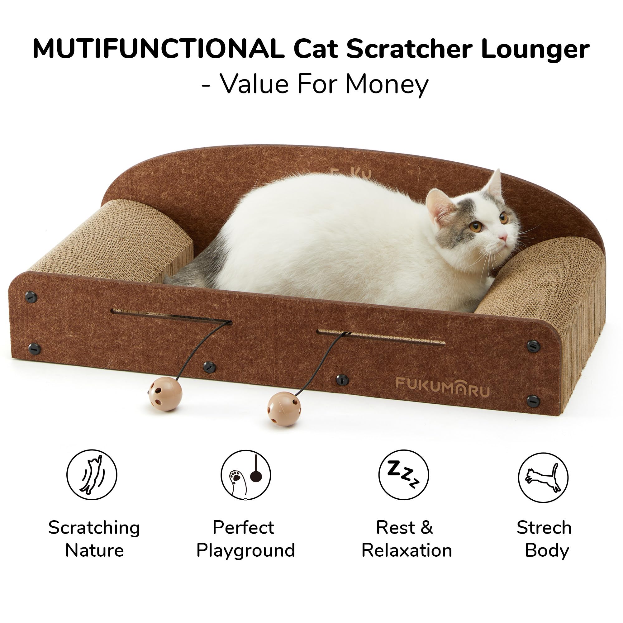 Fukumaru 26 Inch Cat Scratcher Cardboard Lounge Bed, Durable Cat Scratcher Extra Large Lounger, 2 Reversible Cat Scratching Pads