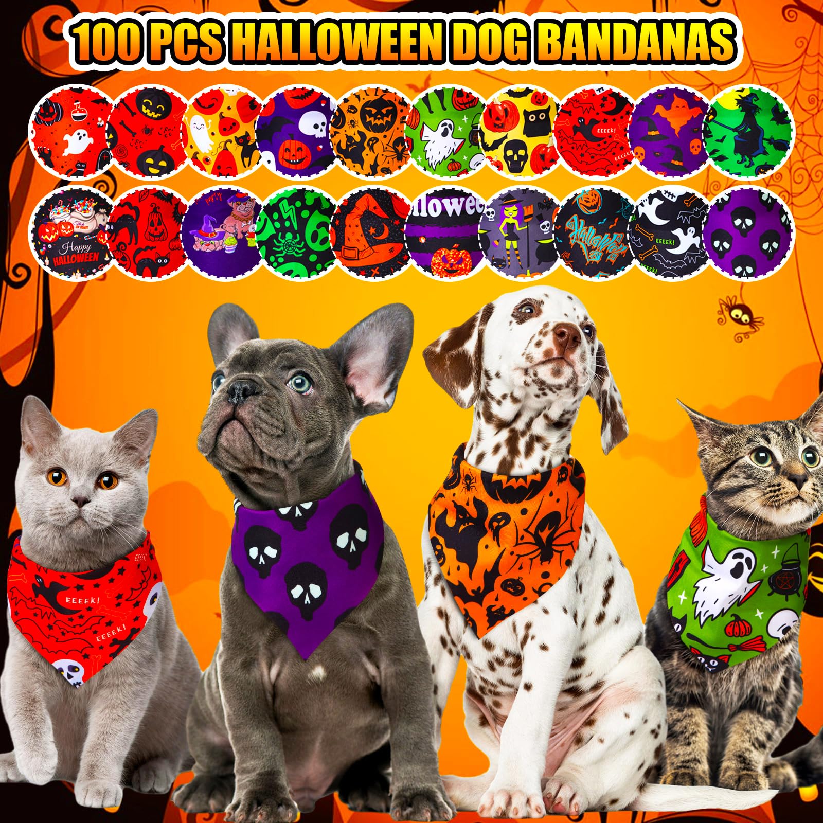 Locmeo 100 Pcs Halloween Dog Bandanas Bulk Pumpkin Black Cat Skull Dog Bandanas Adjustable Pet Bibs Triangle Scarf Halloween Hol